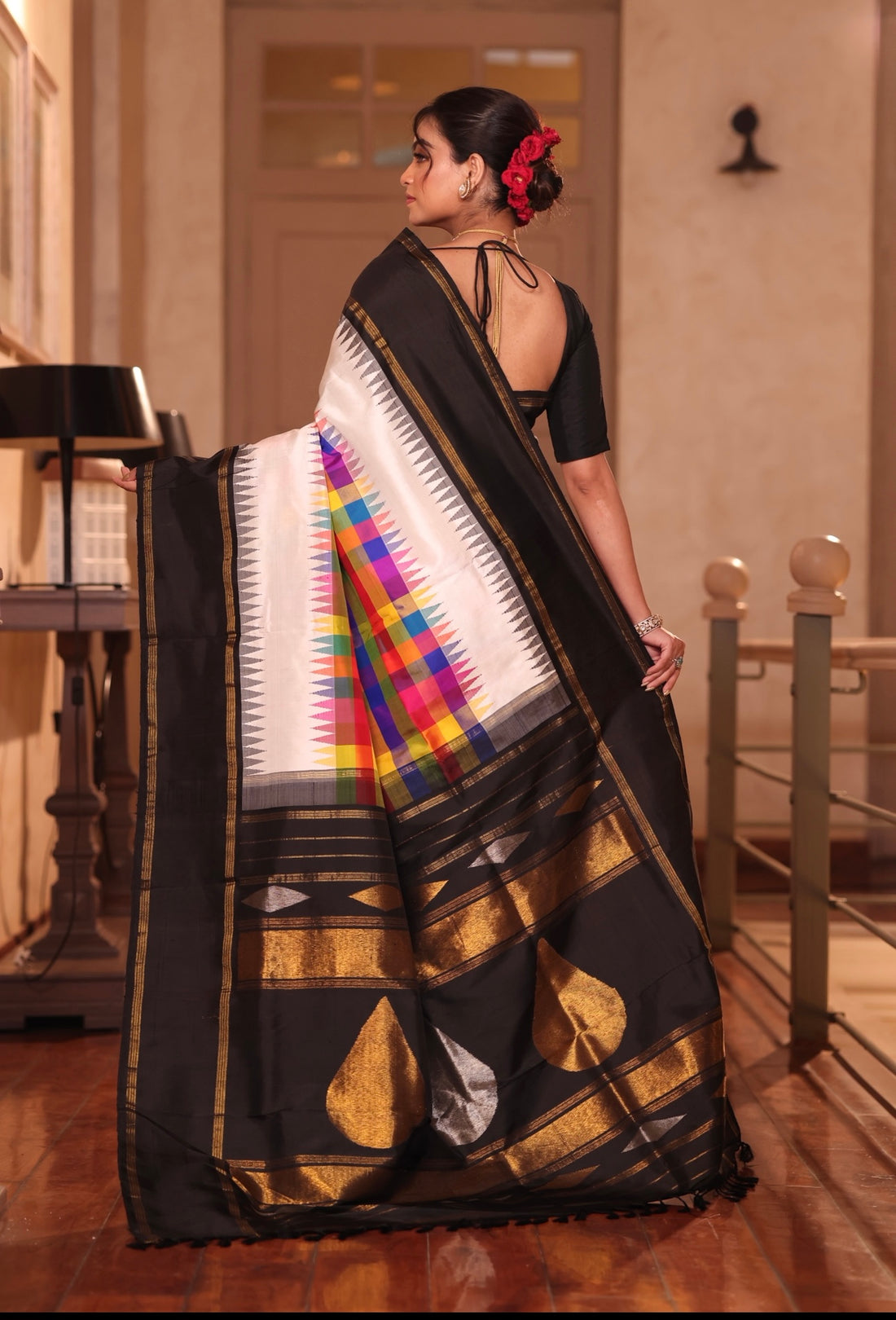 An exquisite masterpiece stunner 36 shade 4 korvai kanchivaram silk saree with 36 colour 4 shuttle weave double korvai temple rekku border