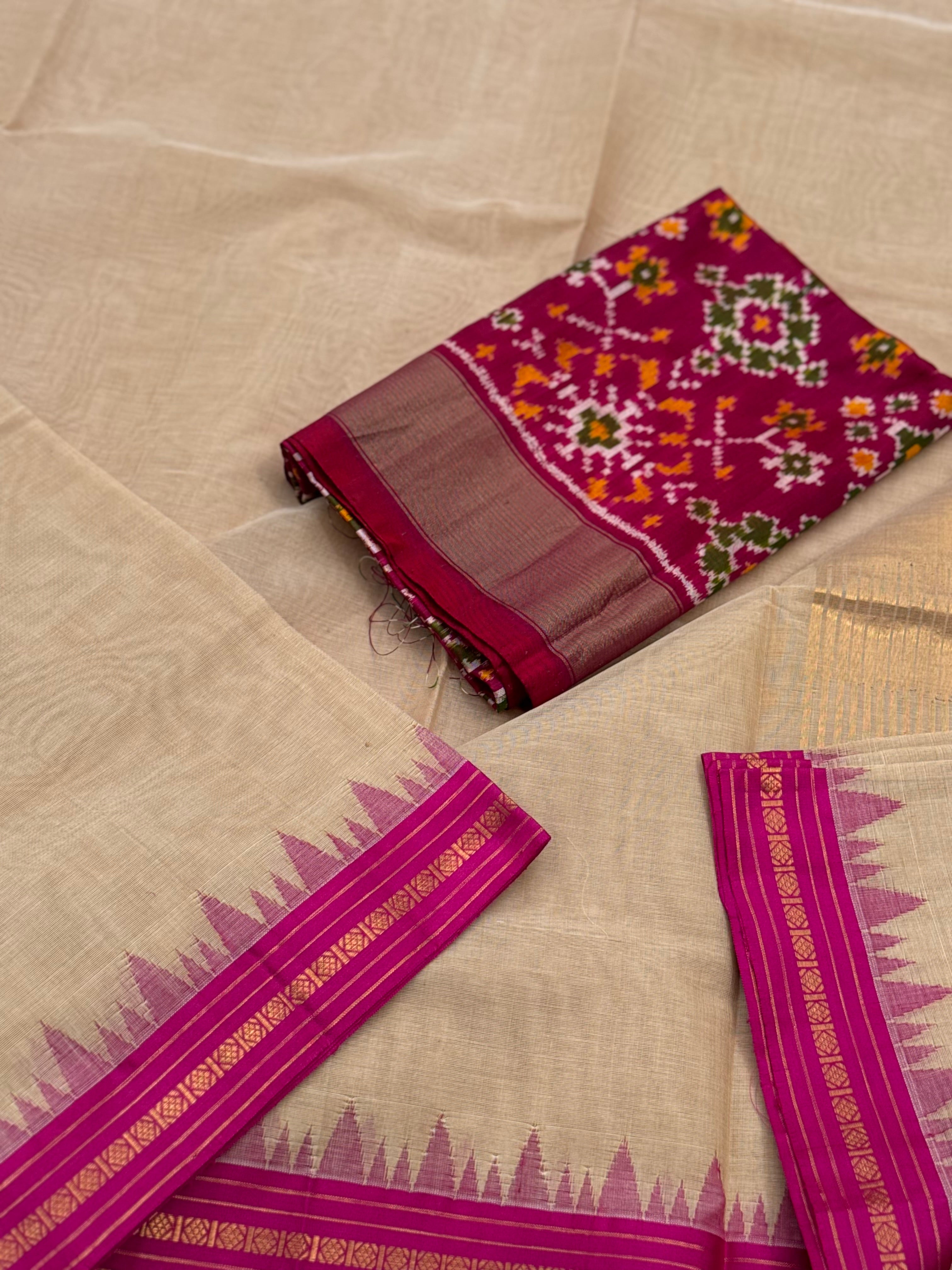 Handspun and handwoven ponduru Khadhi cotton saree with silk dobby border in contrast pink