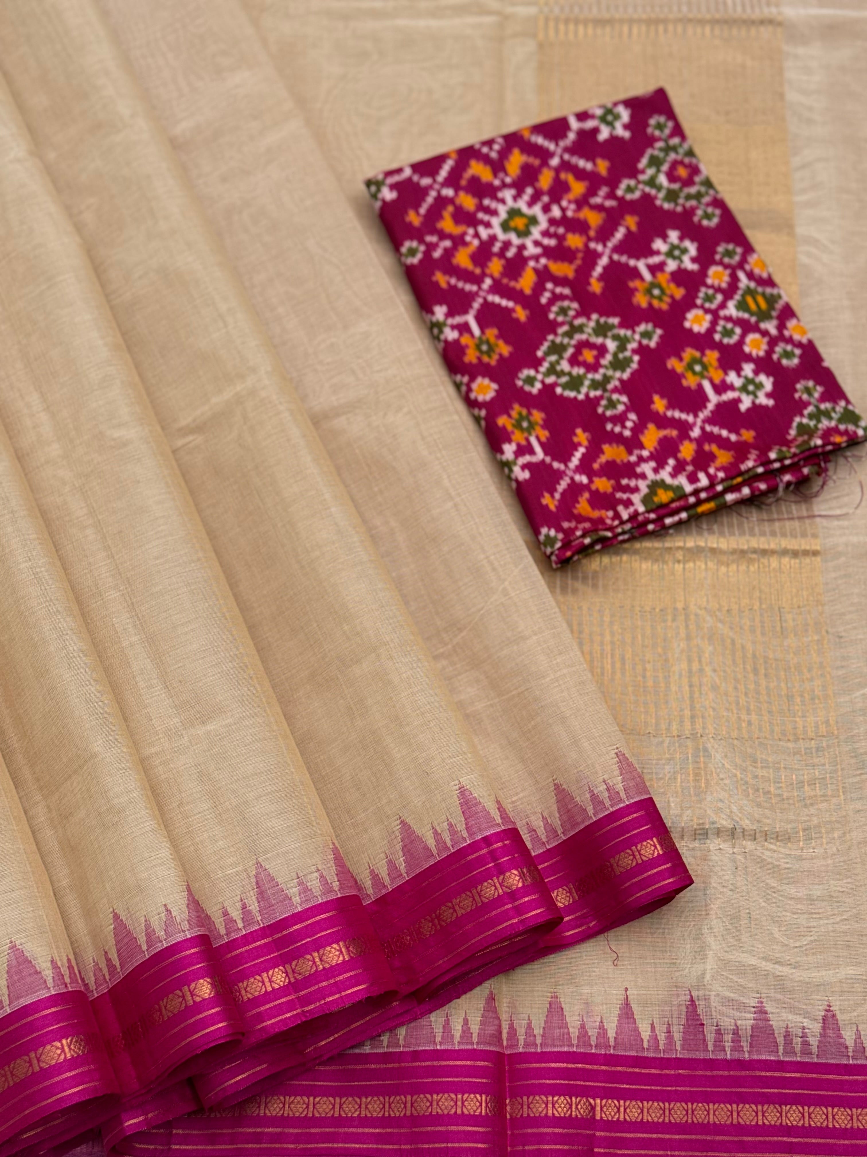Handspun and handwoven ponduru Khadhi cotton saree with silk dobby border in contrast pink