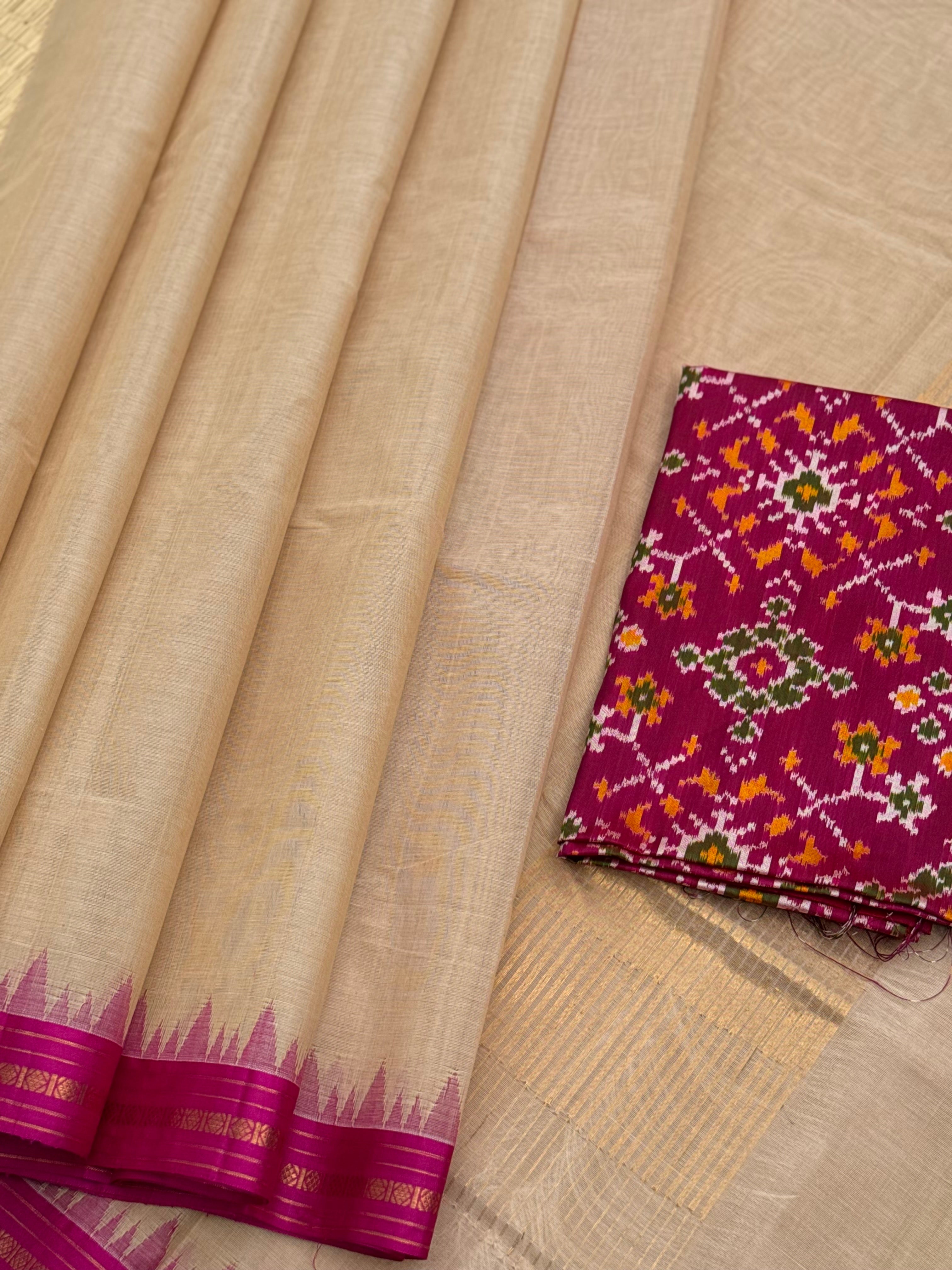 Handspun and handwoven ponduru Khadhi cotton saree with silk dobby border in contrast pink