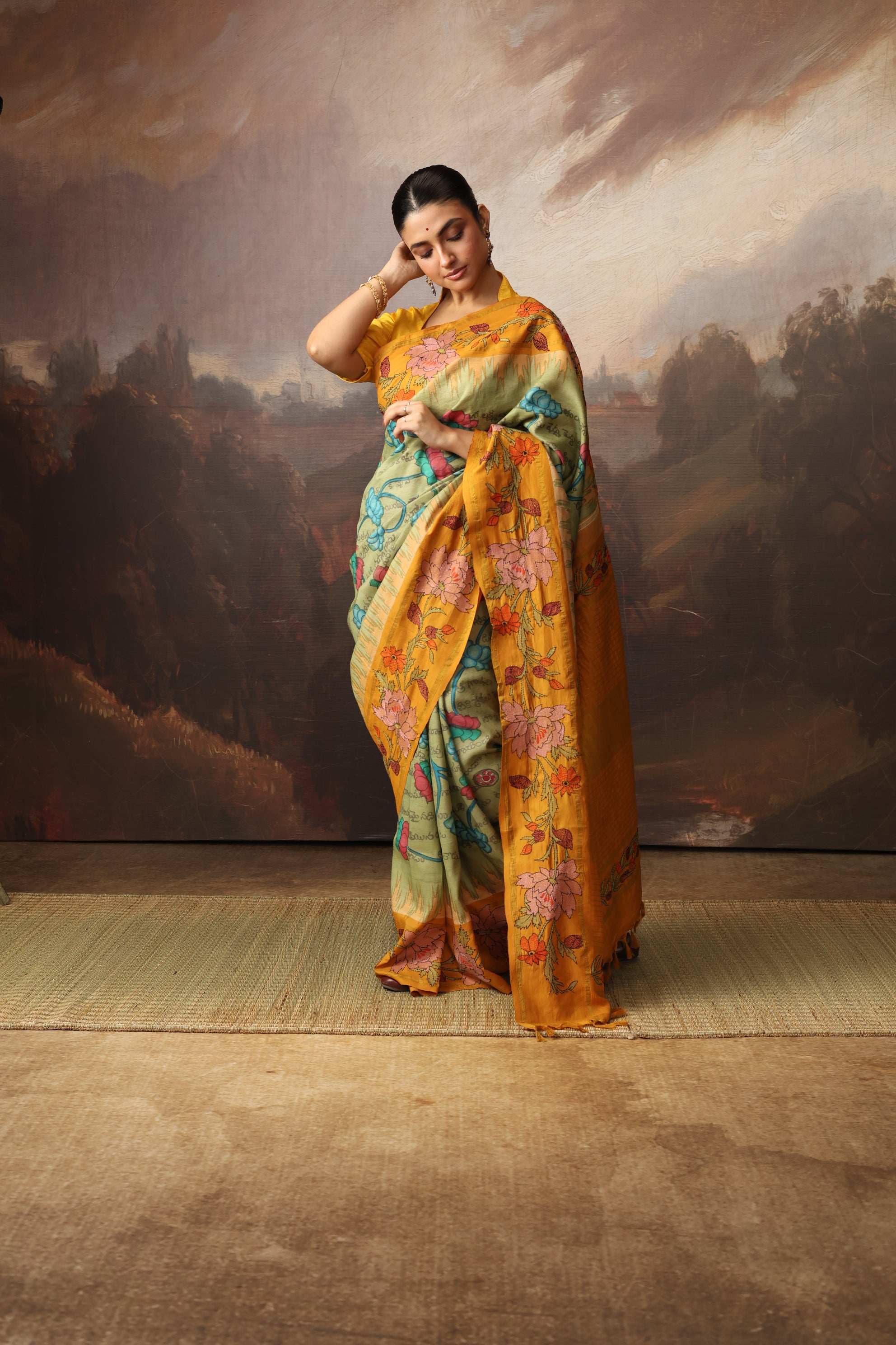 A Stunner Ramayana penkalamkari scripts with Kathawork border kanchivaram silk saree