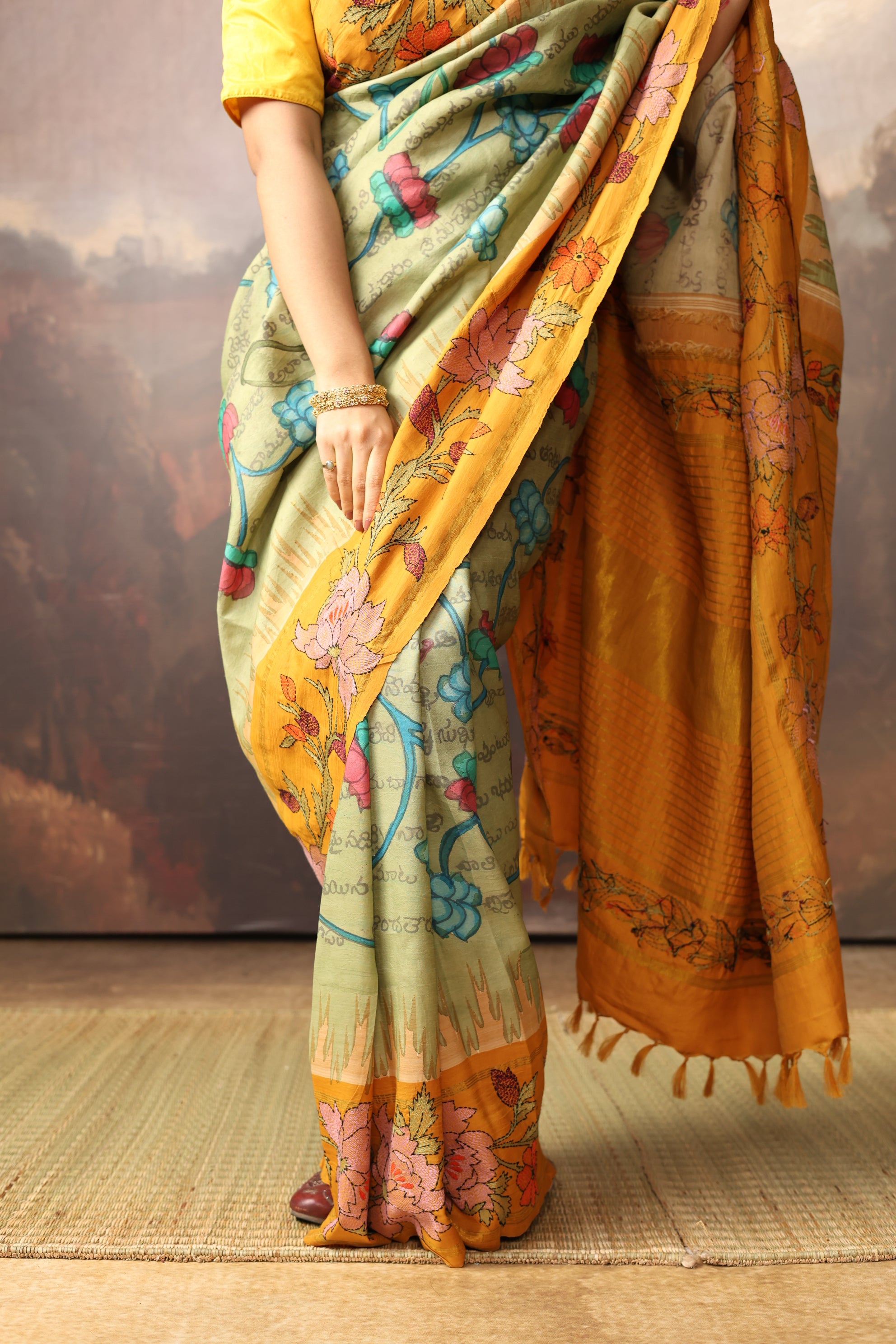 A Stunner Ramayana penkalamkari scripts with Kathawork border kanchivaram silk saree