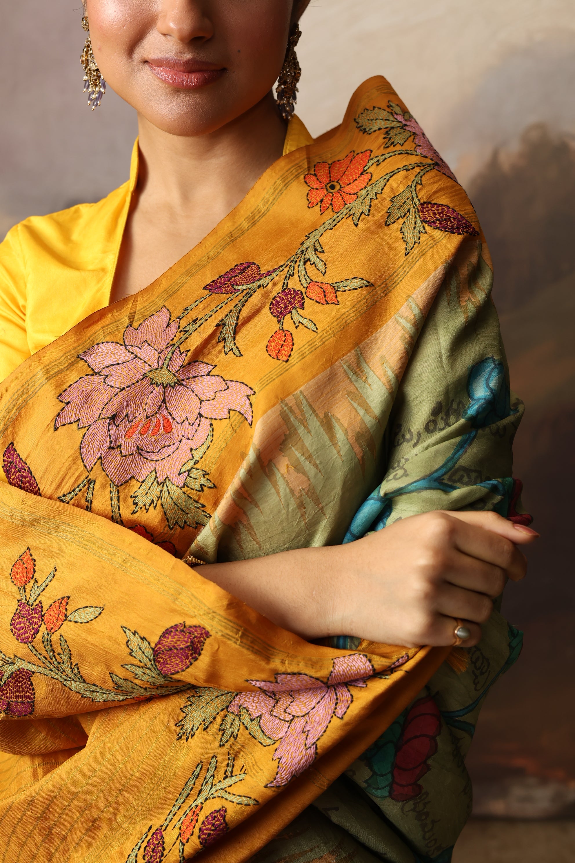 A Stunner Ramayana penkalamkari scripts with Kathawork border kanchivaram silk saree