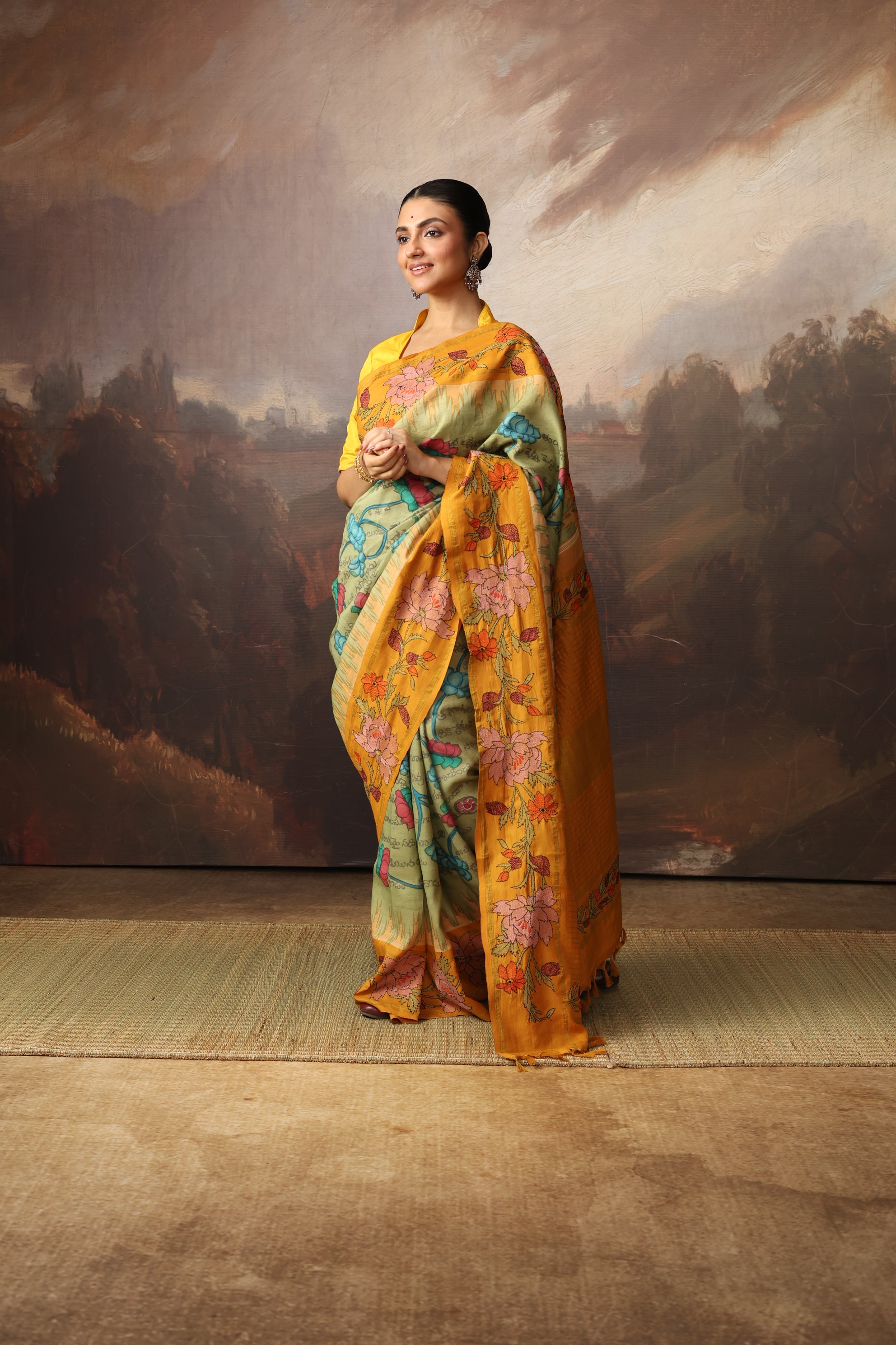 A Stunner Ramayana penkalamkari scripts with Kathawork border kanchivaram silk saree
