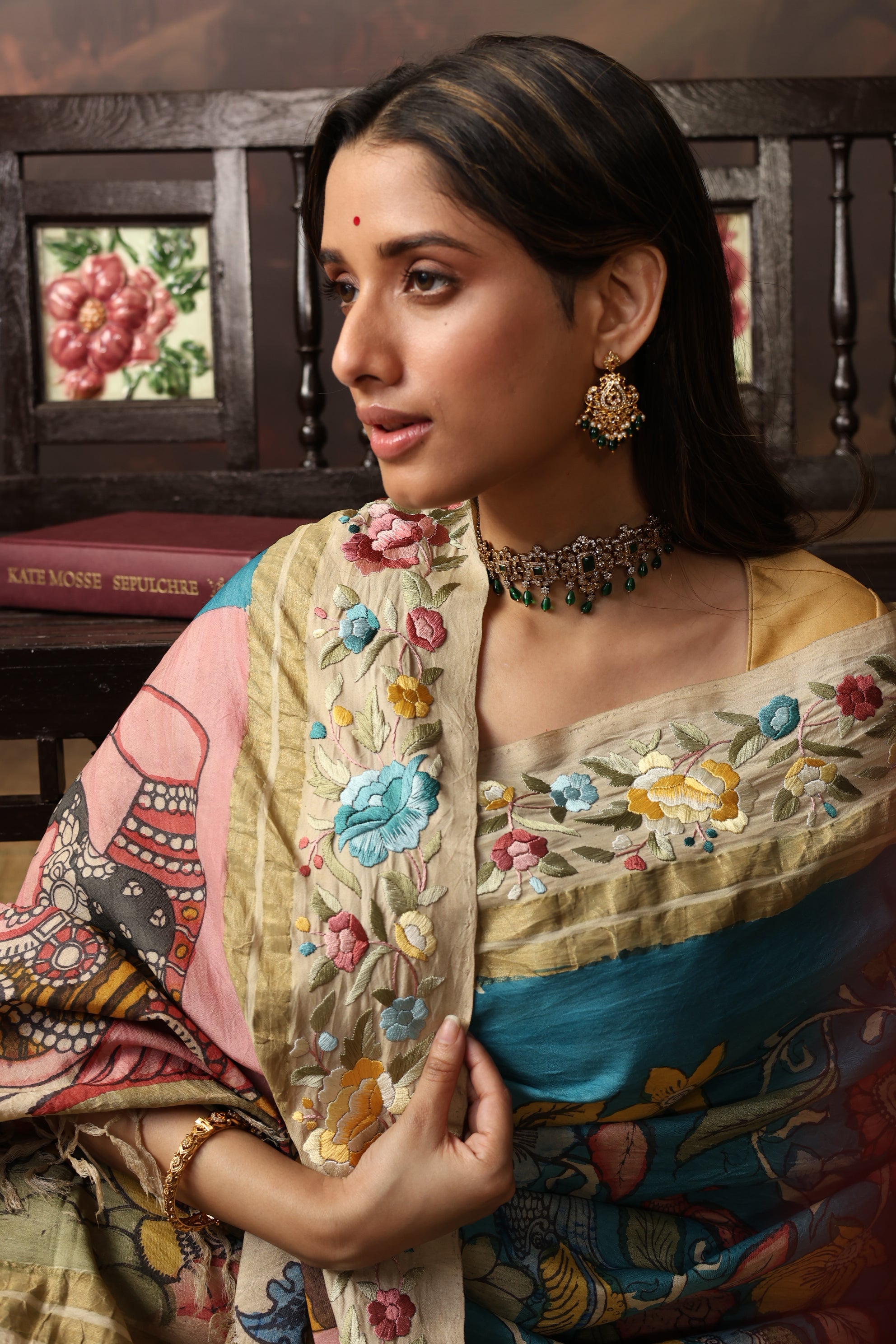A masterpiece fusion of authentic Parsigara Handdrawn handpainted nayaka inspired penkalamkari on mulberry silk