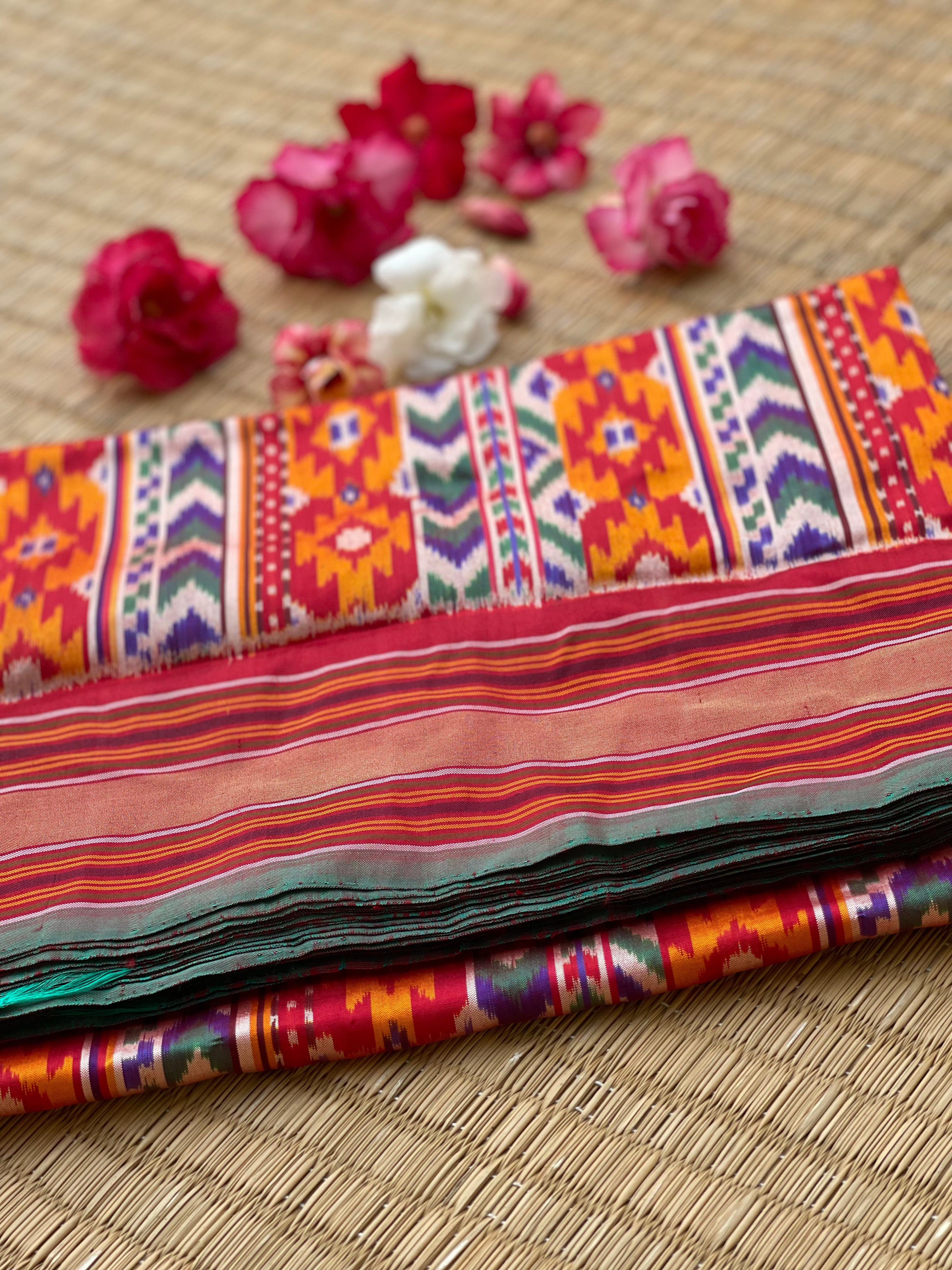 NARUVI A Multicoloured double pallu with Zari pinstripes Ikkat designer Exclusive Masterpiece Saree