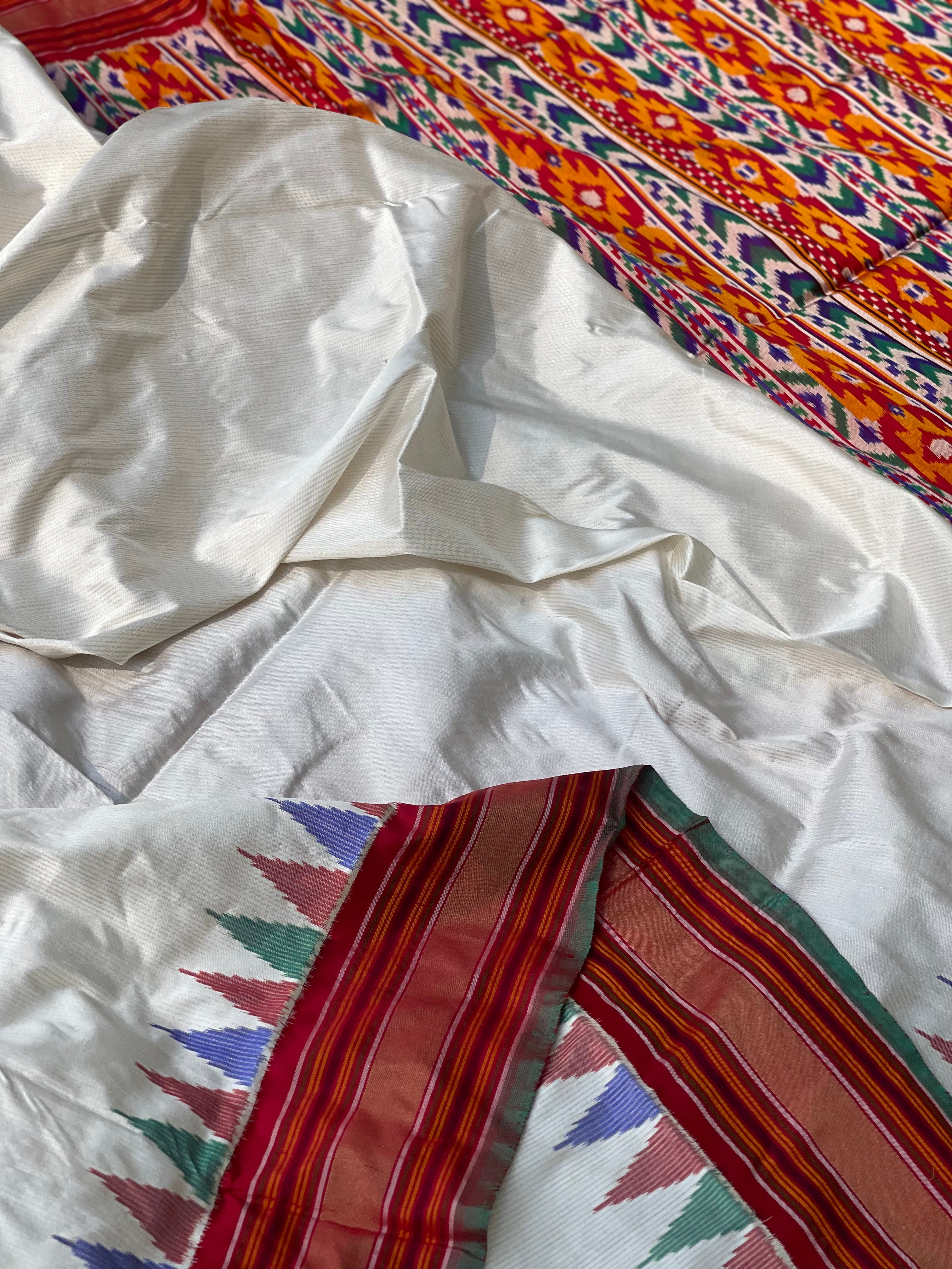 NARUVI A Multicoloured double pallu with Zari pinstripes Ikkat designer Exclusive Masterpiece Saree