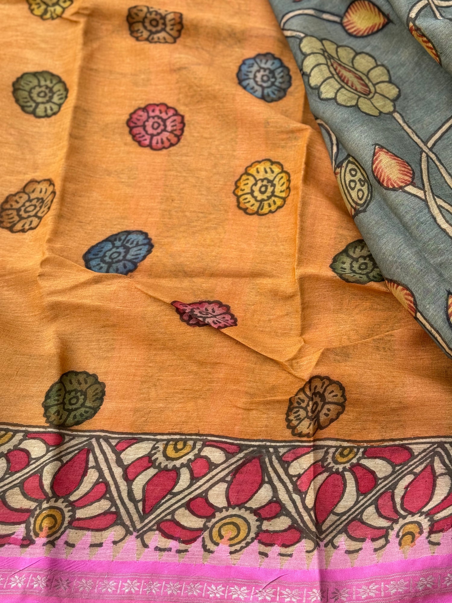 A subtle elegant ponduru handspun Khadhi cotton penkalamkari saree