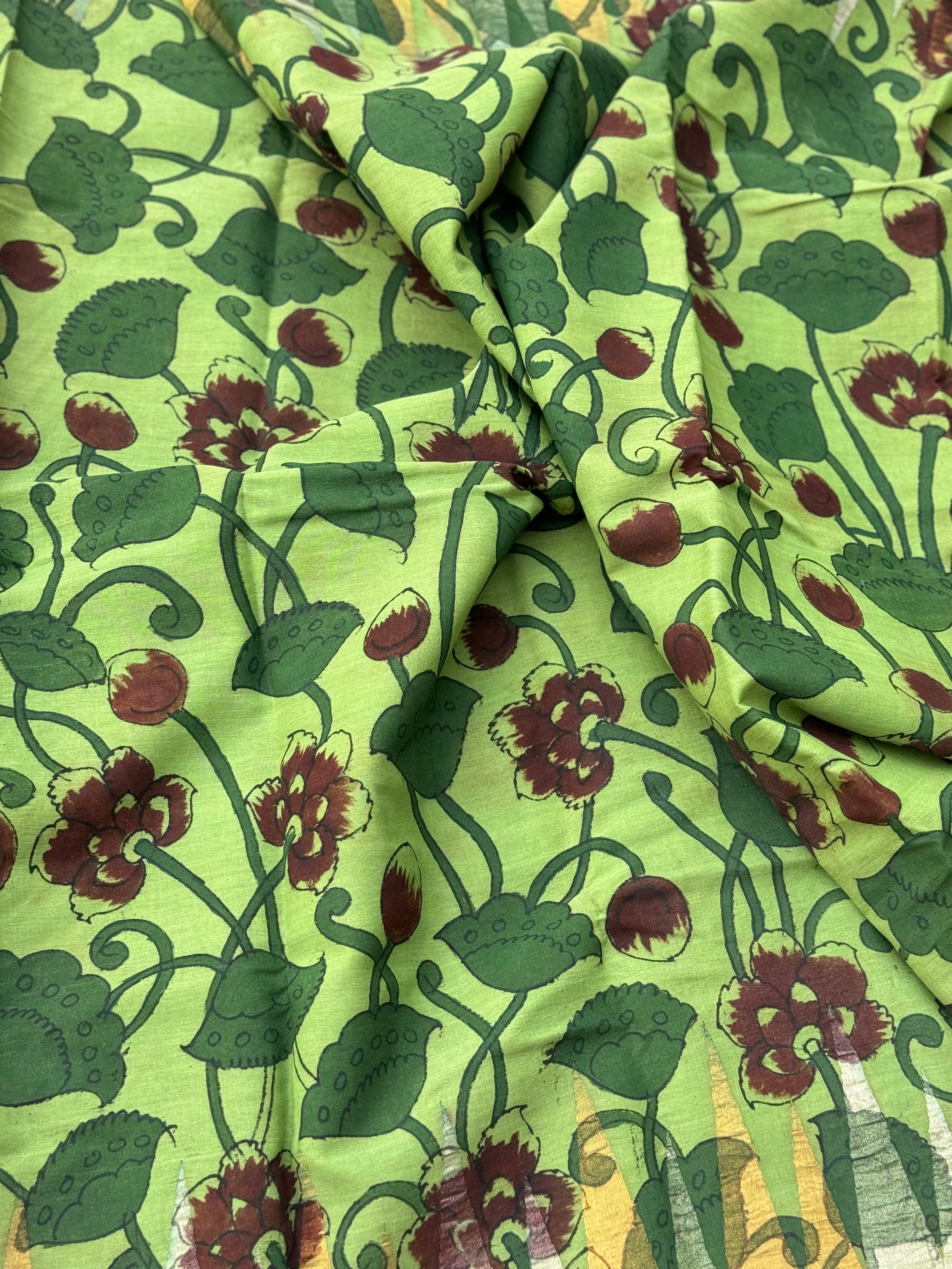A subtle elegant ponduru handspun Khadhi jamdani temple cotton penkalamkari saree