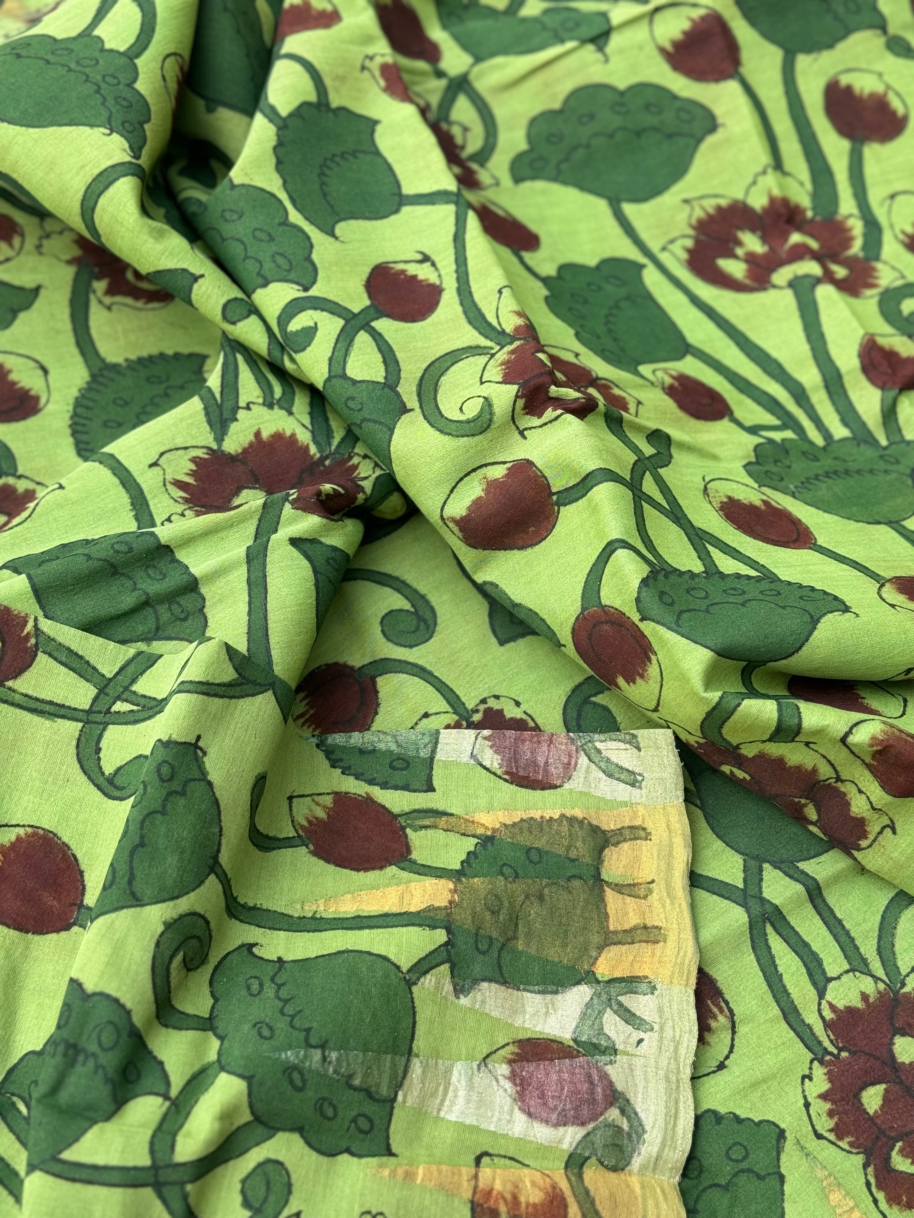 A subtle elegant ponduru handspun Khadhi jamdani temple cotton penkalamkari saree