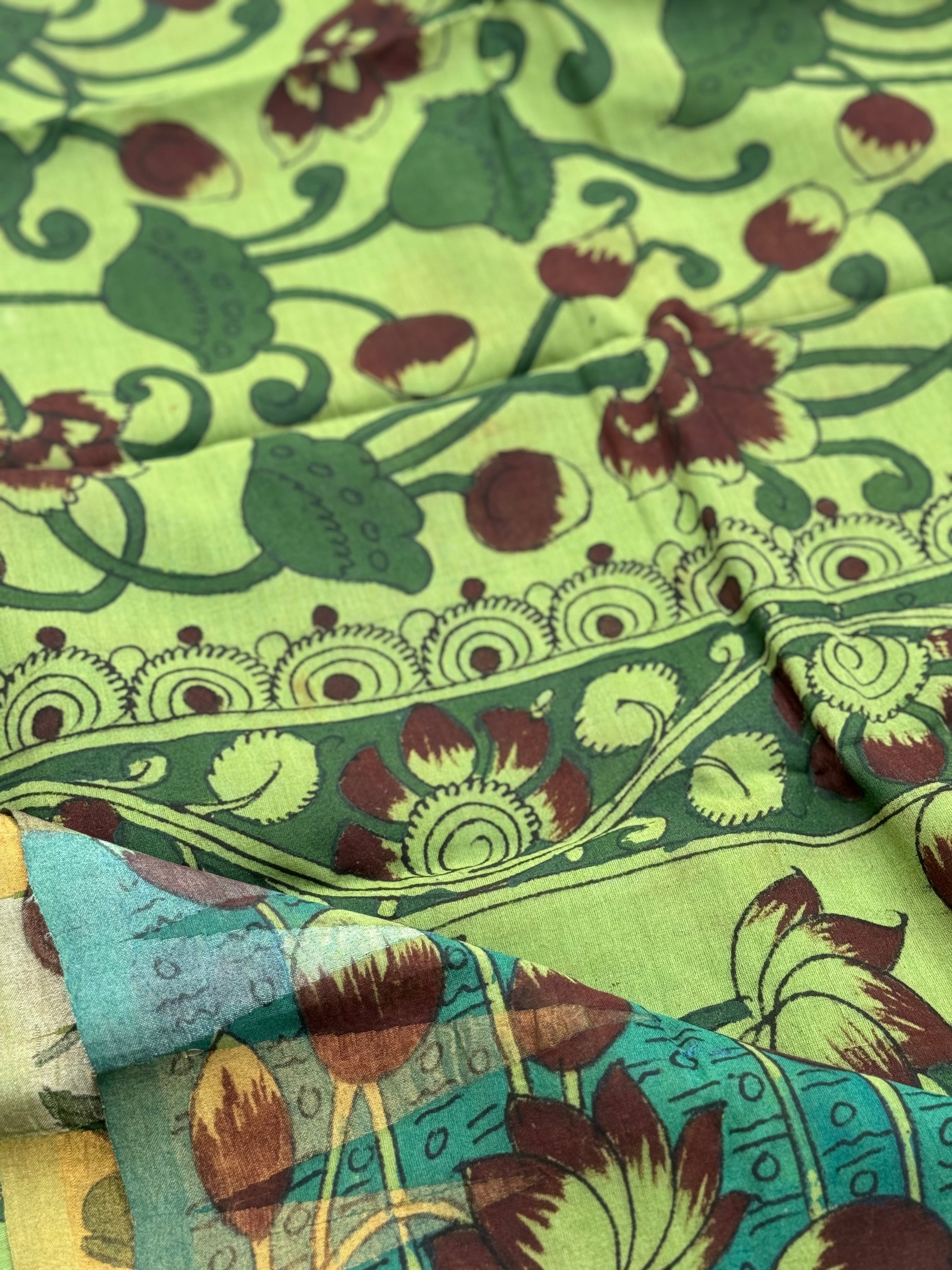 A subtle elegant ponduru handspun Khadhi jamdani temple cotton penkalamkari saree