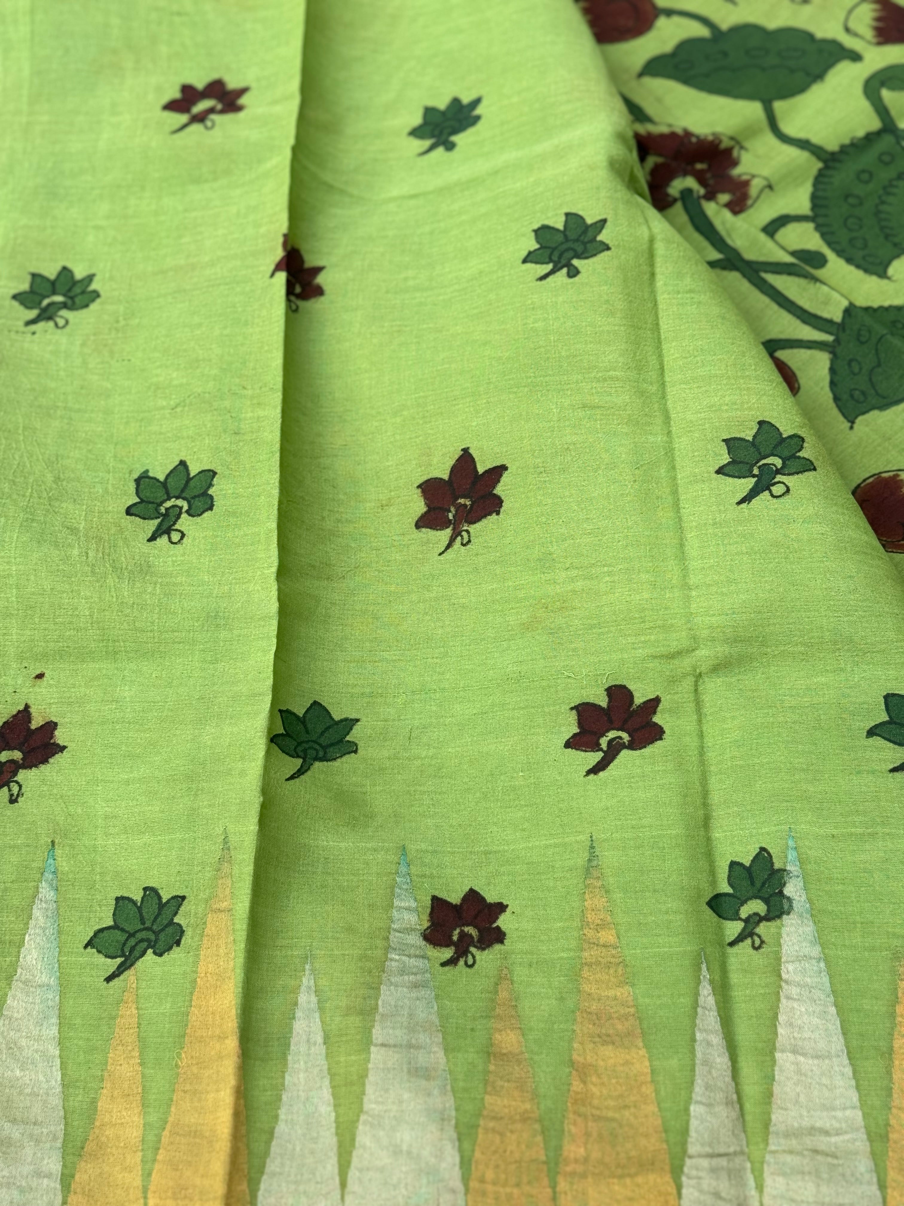A subtle elegant ponduru handspun Khadhi jamdani temple cotton penkalamkari saree