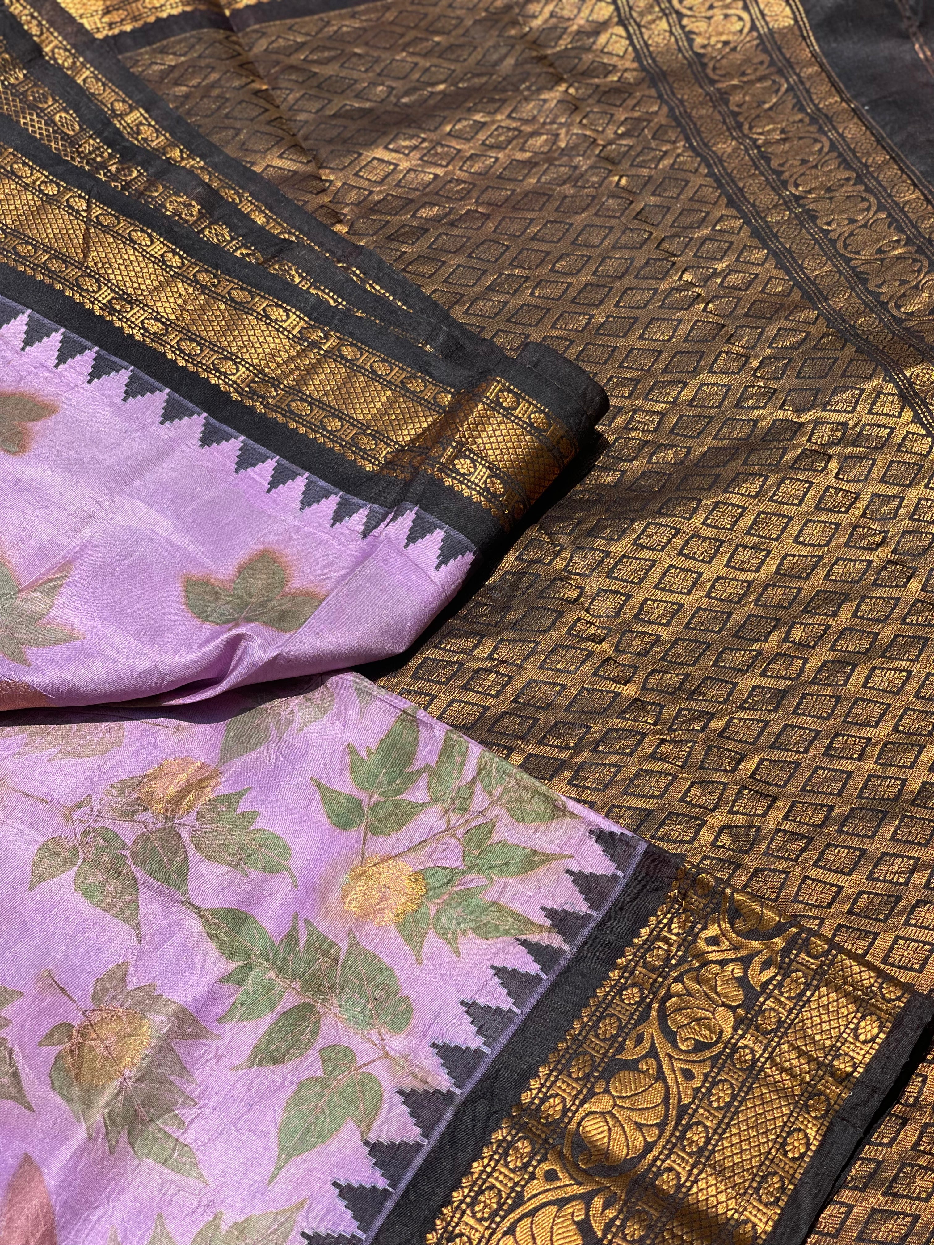 A Lavender with black Natural Handmade Ecoprints Gadwal silk saree