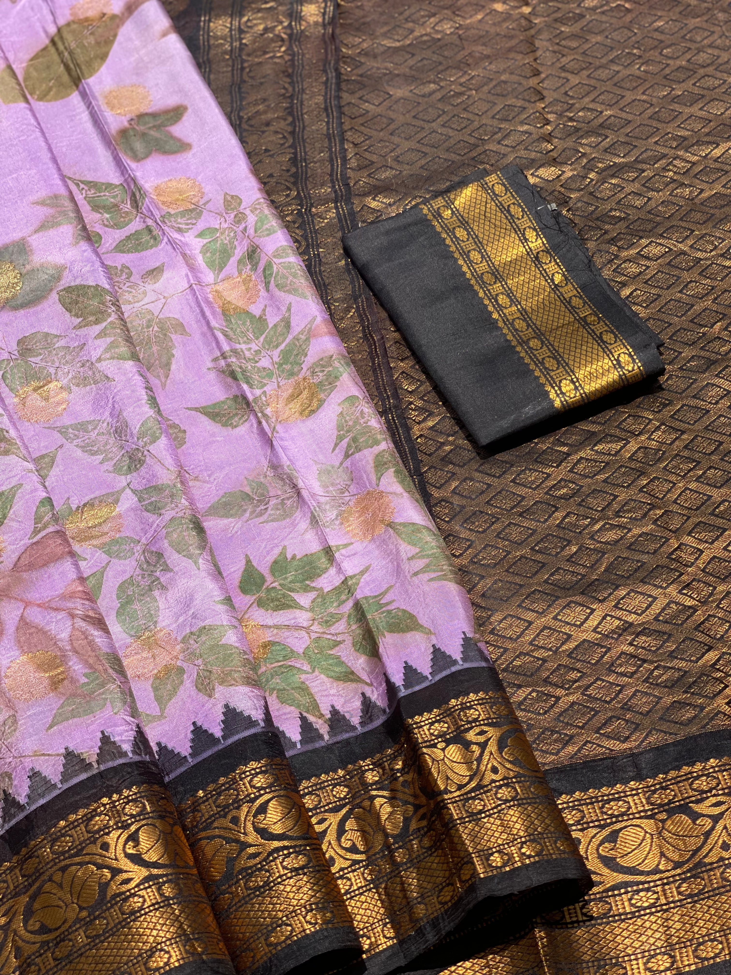 A Lavender with black Natural Handmade Ecoprints Gadwal silk saree