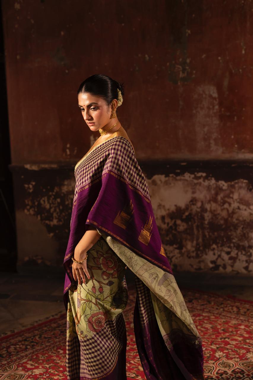 Masterpiece Pattani kattam double korvai kanchivaram silk saree Handdrawn handpainted penkalamkari