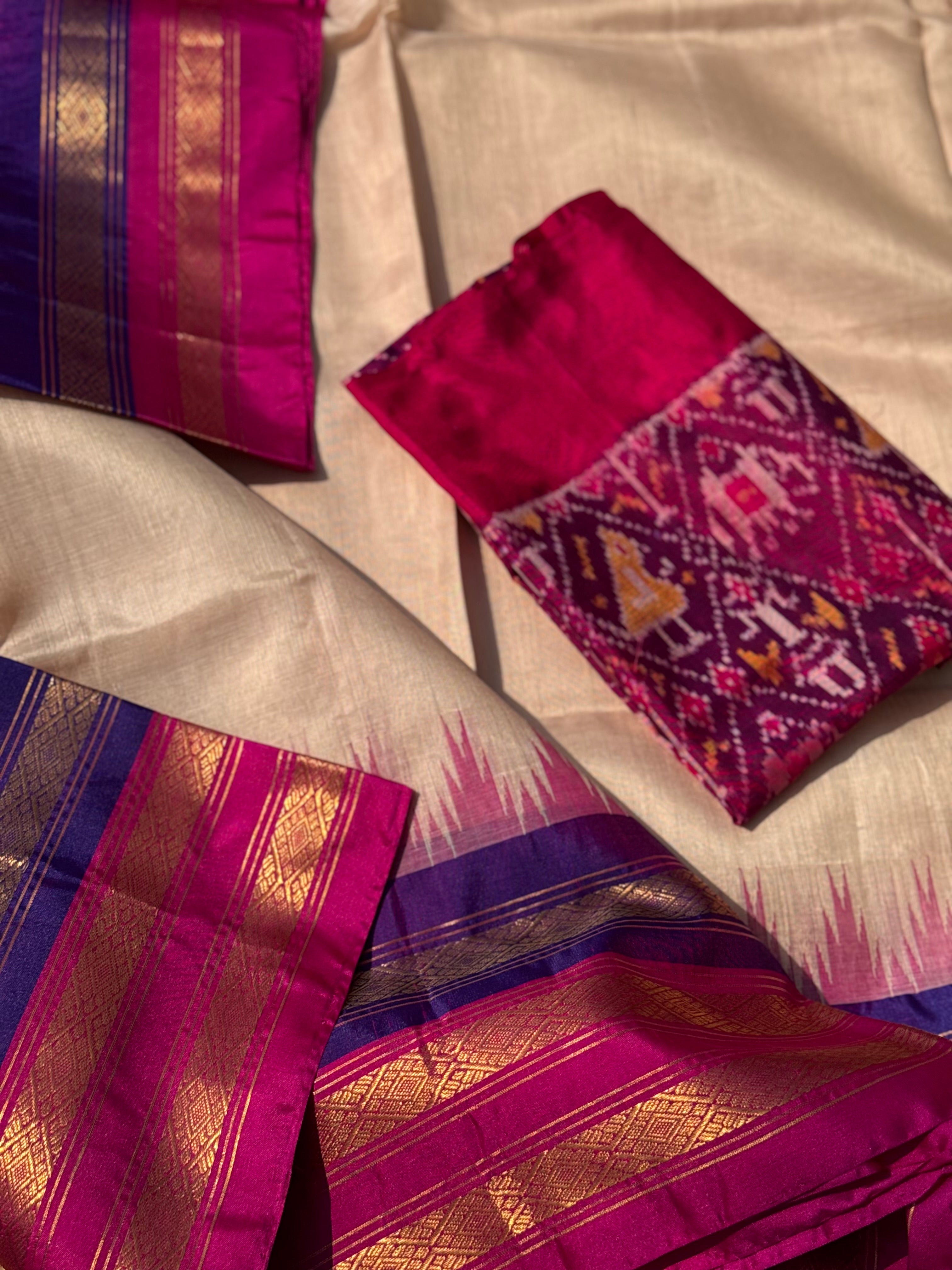 Handspun and handwoven ponduru Khadhi silk saree with silk dobby border in contrast pink