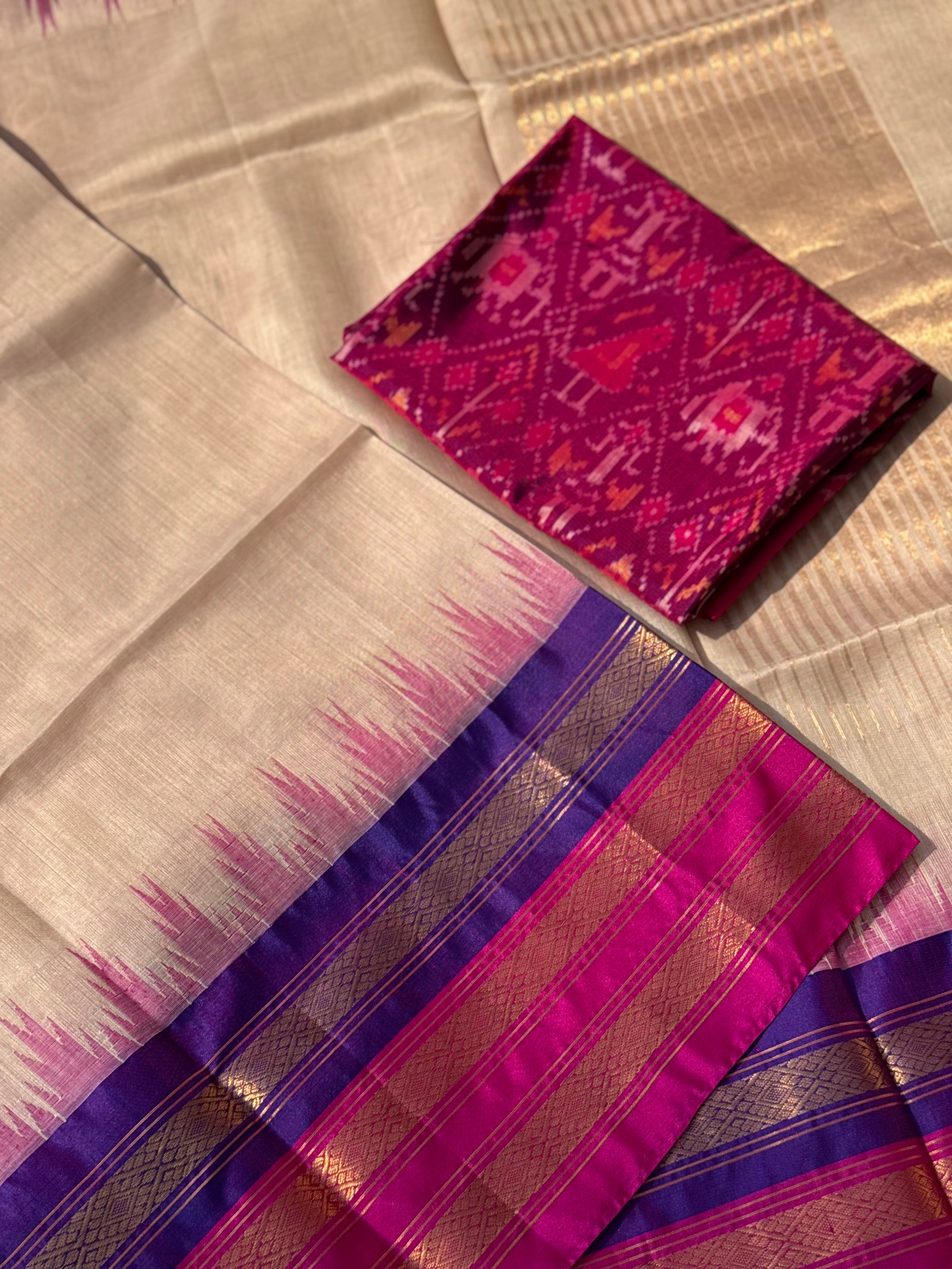 Handspun and handwoven ponduru Khadhi silk saree with silk dobby border in contrast pink