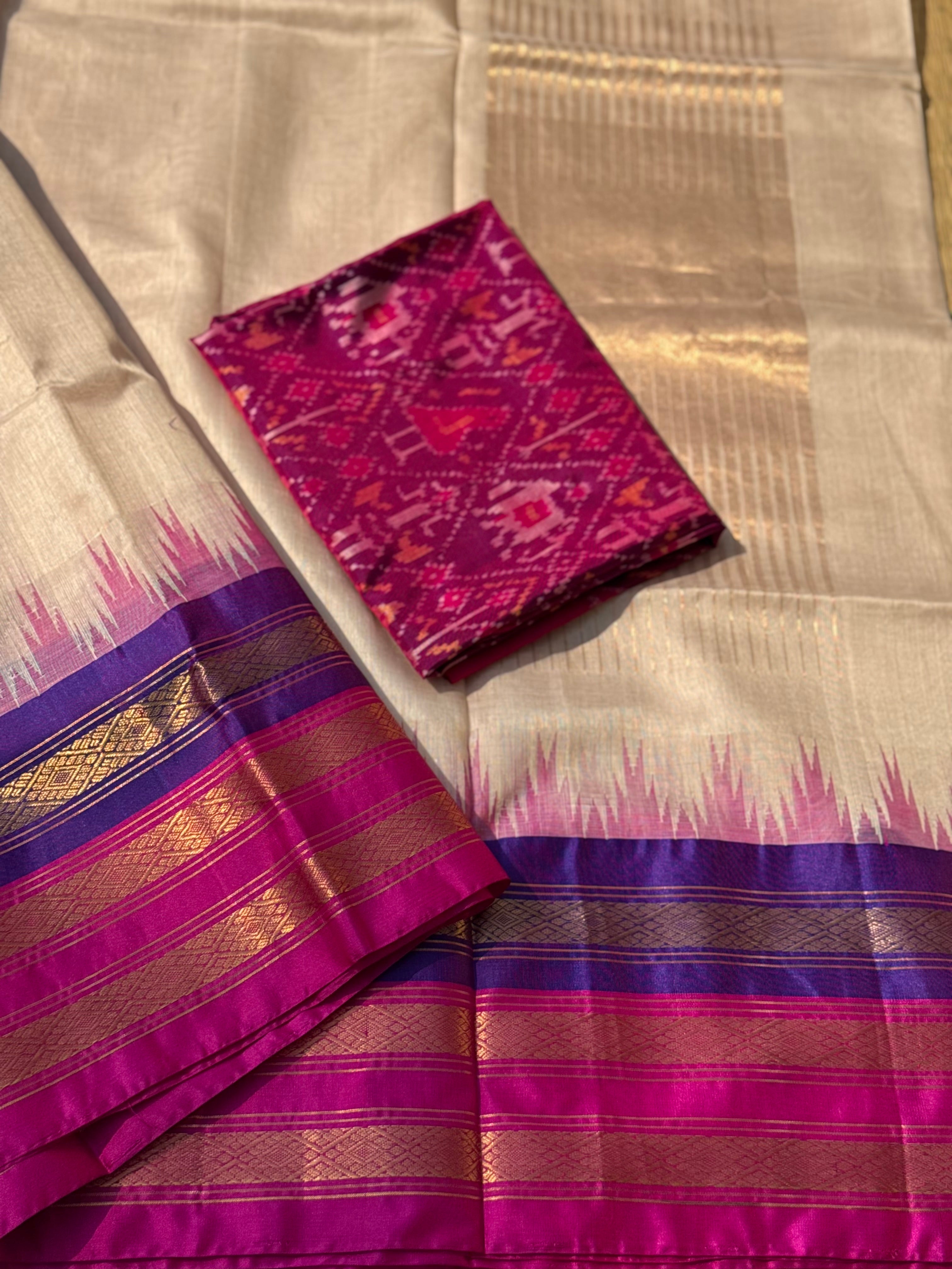 Handspun and handwoven ponduru Khadhi silk saree with silk dobby border in contrast pink