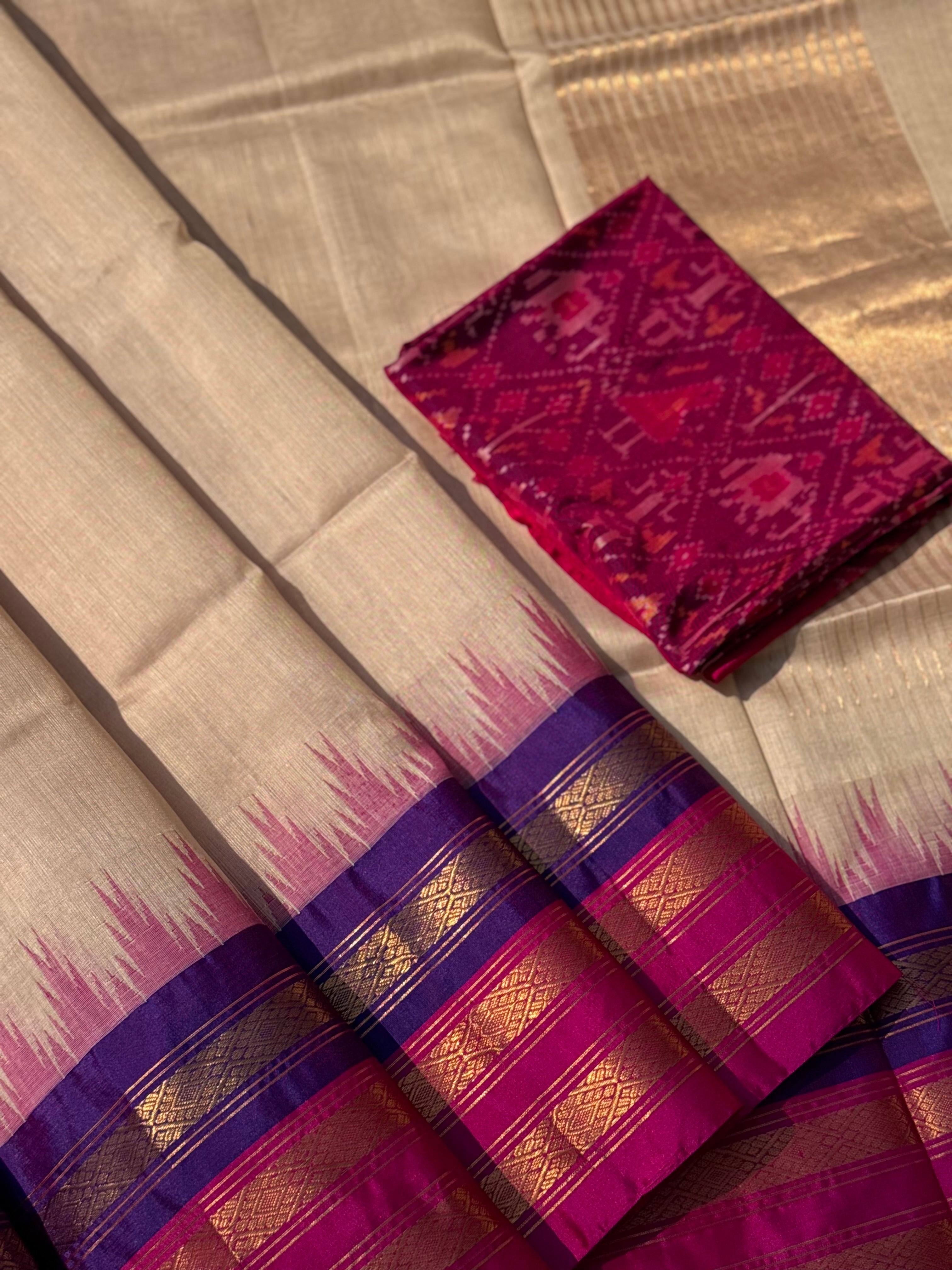 Handspun and handwoven ponduru Khadhi silk saree with silk dobby border in contrast pink