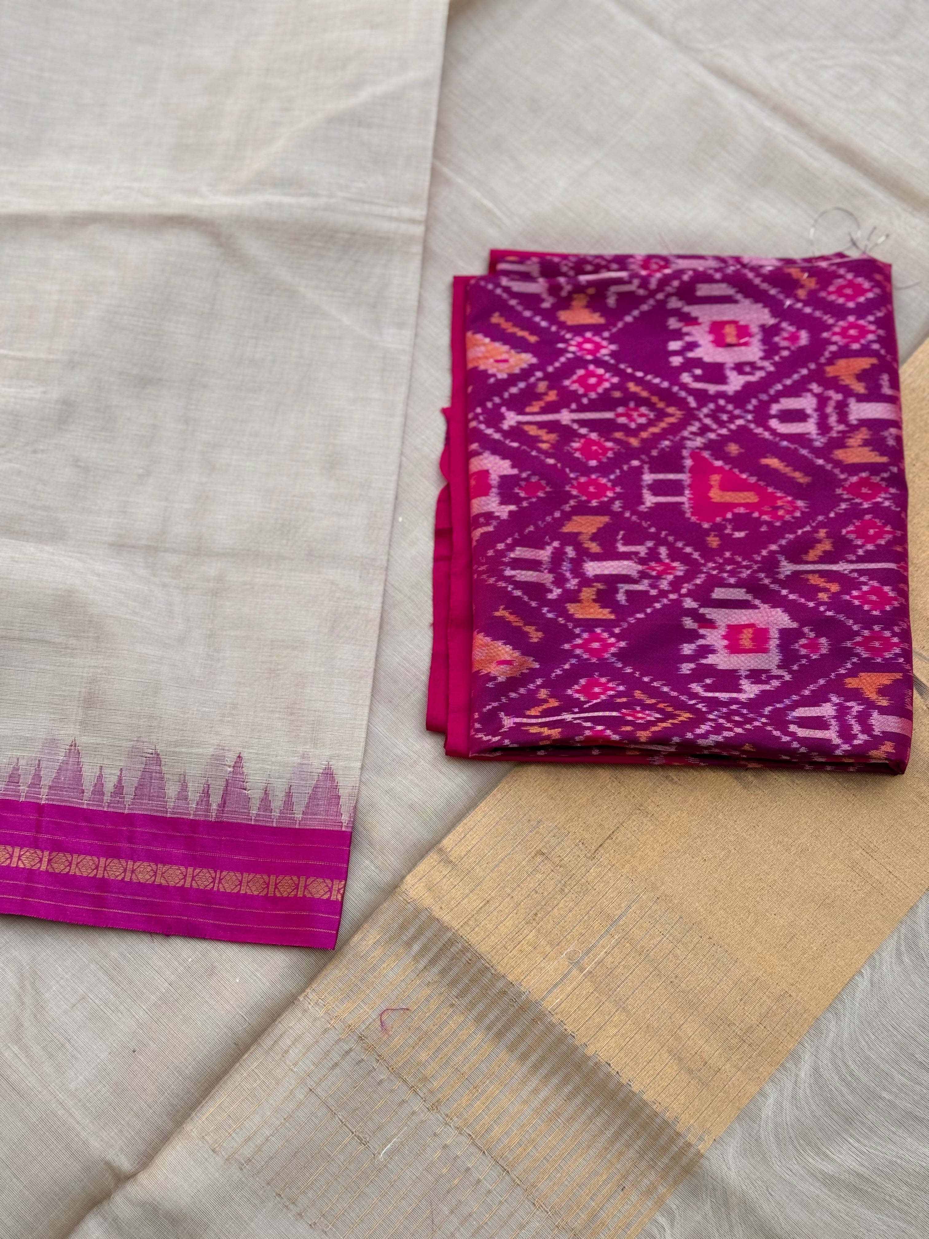 Handspun and handwoven ponduru Khadhi cotton saree with silk dobby border in contrast pink