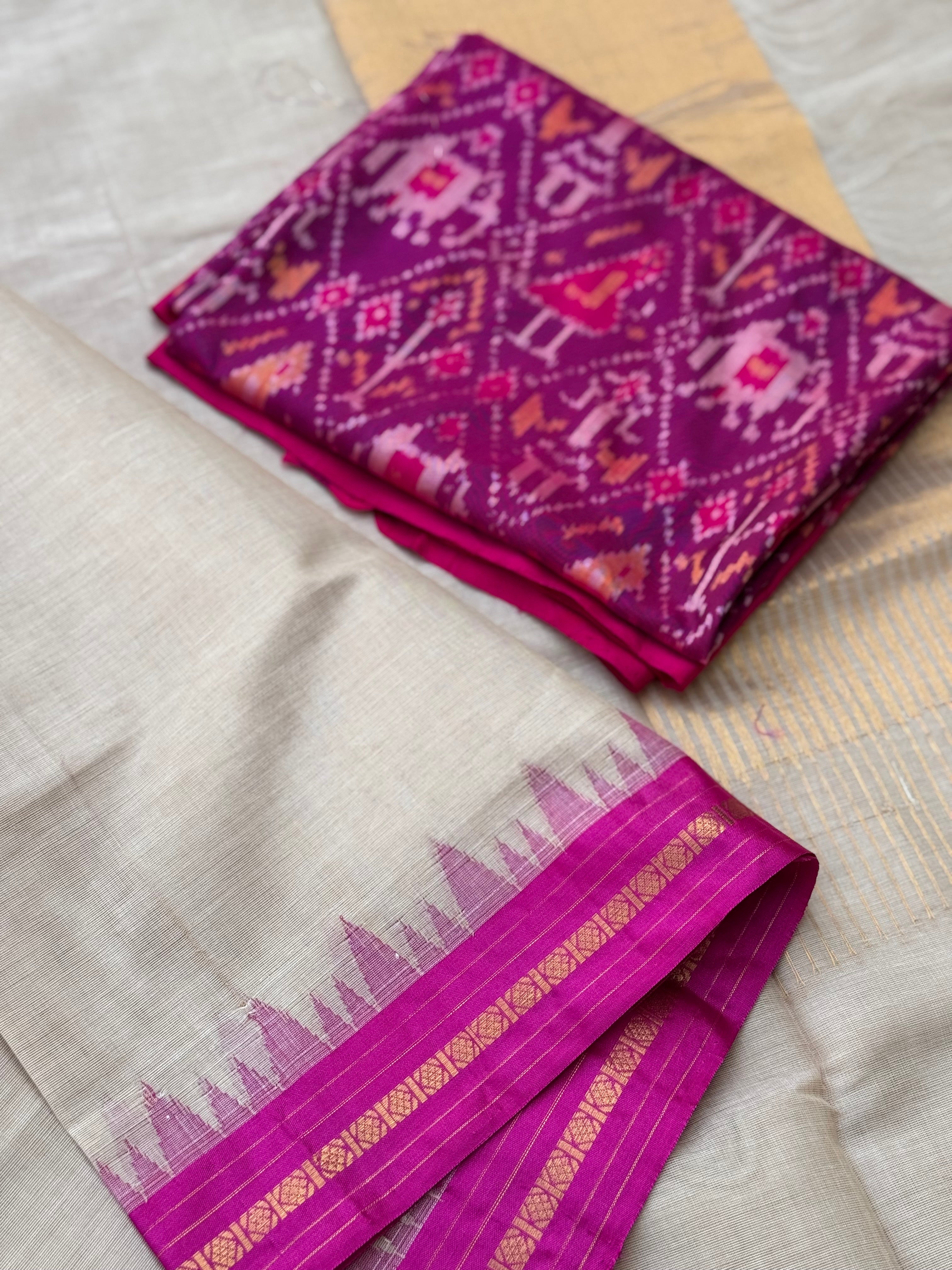 Handspun and handwoven ponduru Khadhi cotton saree with silk dobby border in contrast pink