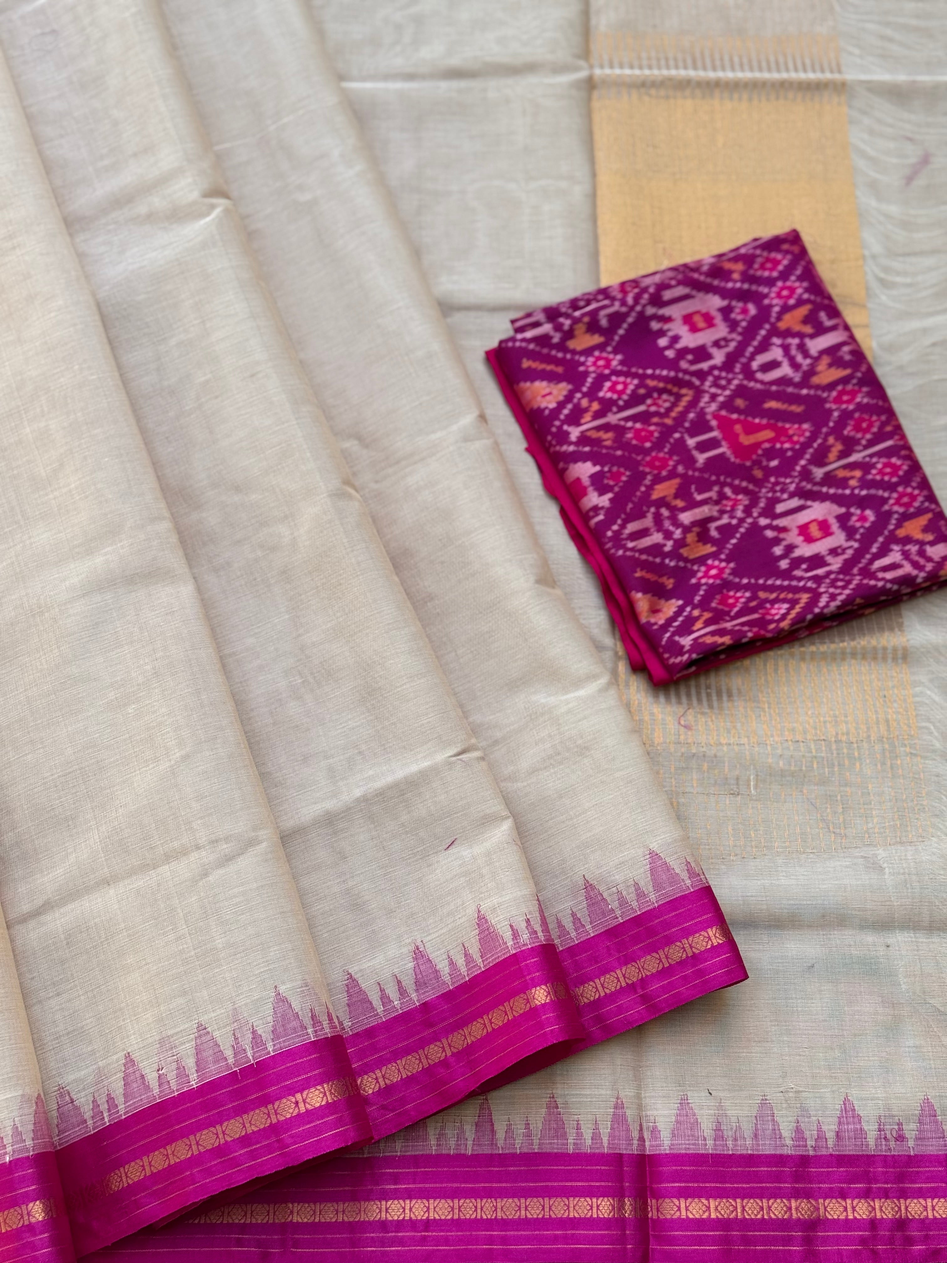 Handspun and handwoven ponduru Khadhi cotton saree with silk dobby border in contrast pink