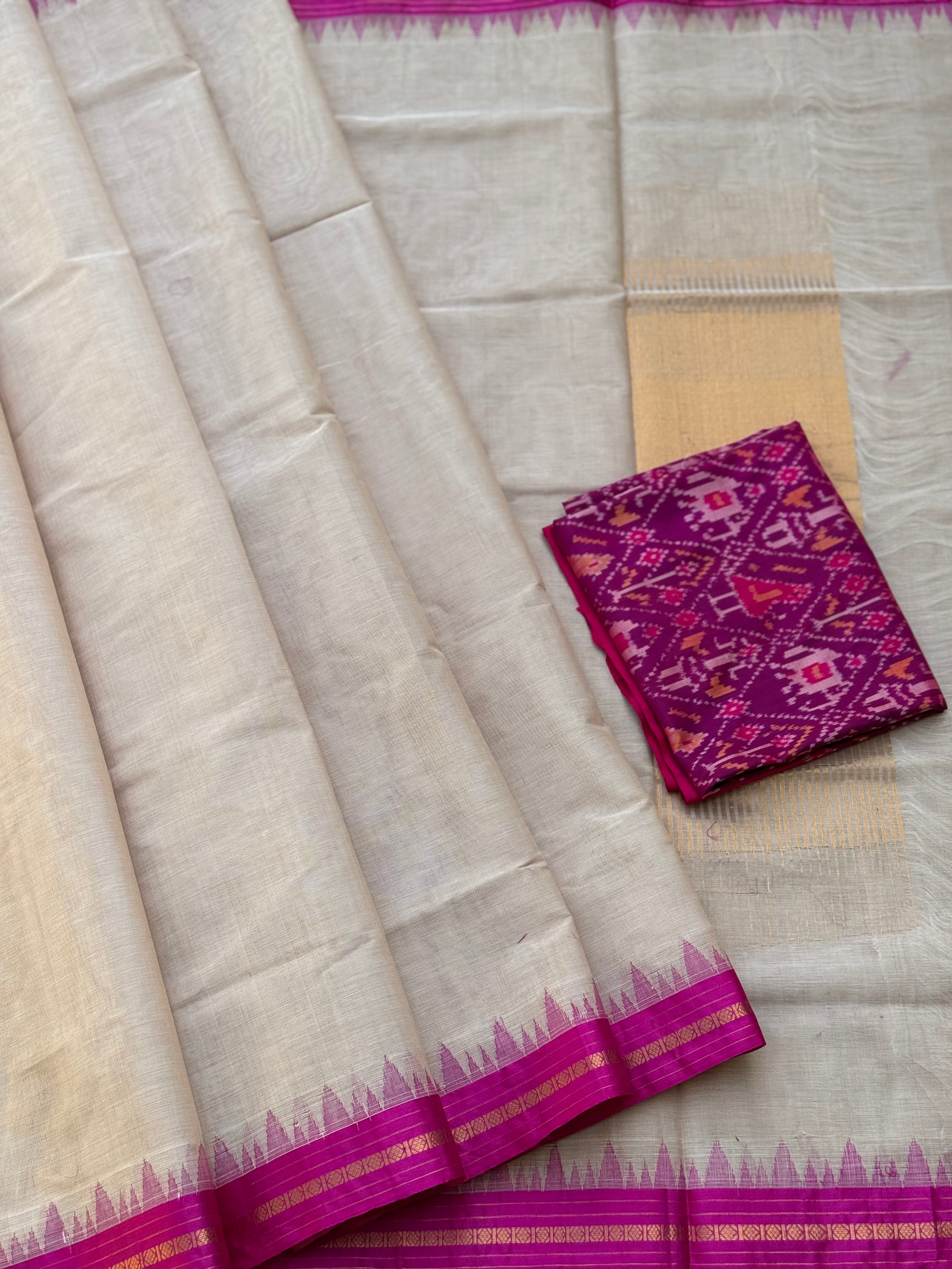 Handspun and handwoven ponduru Khadhi cotton saree with silk dobby border in contrast pink