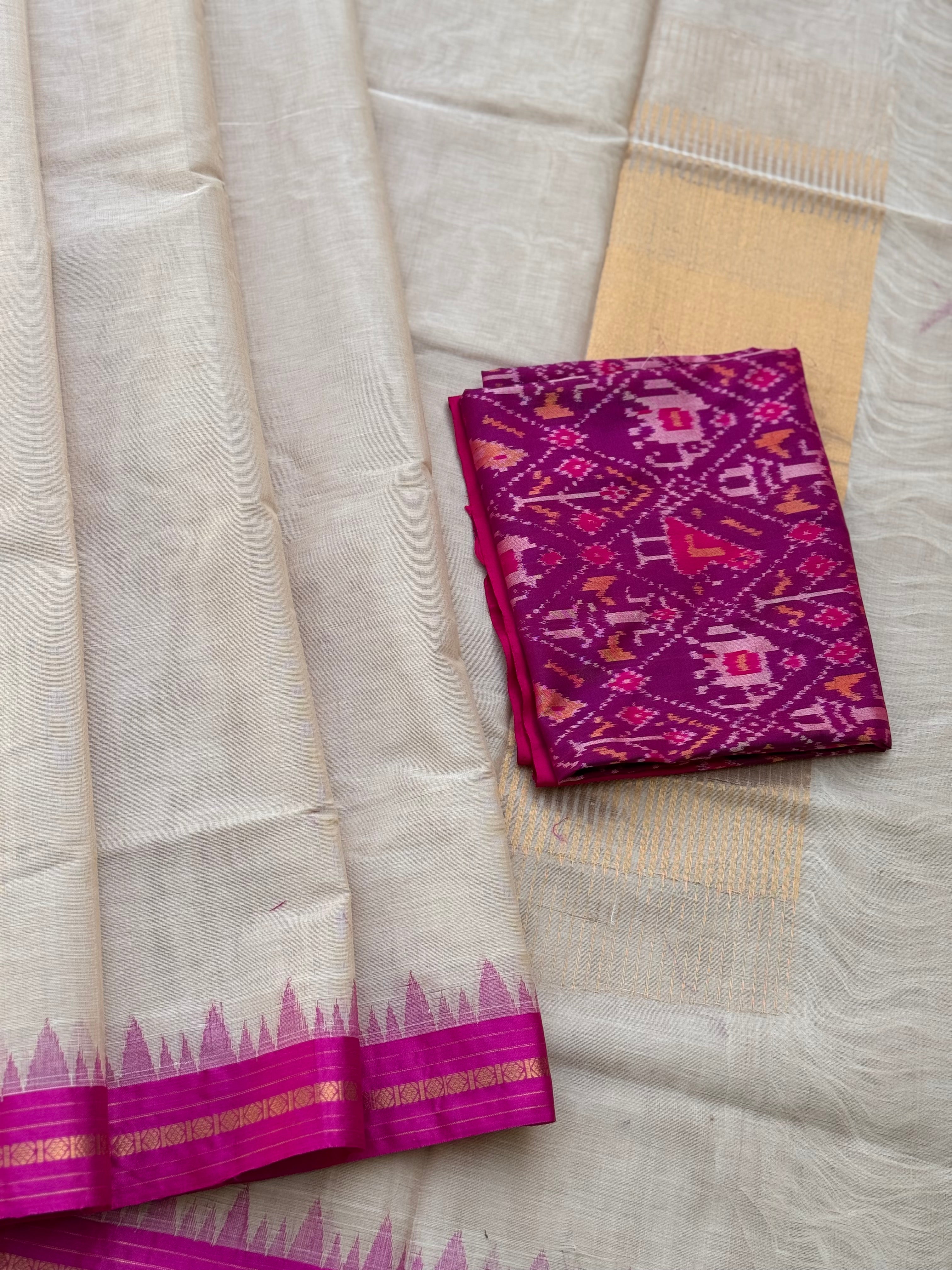 Handspun and handwoven ponduru Khadhi cotton saree with silk dobby border in contrast pink