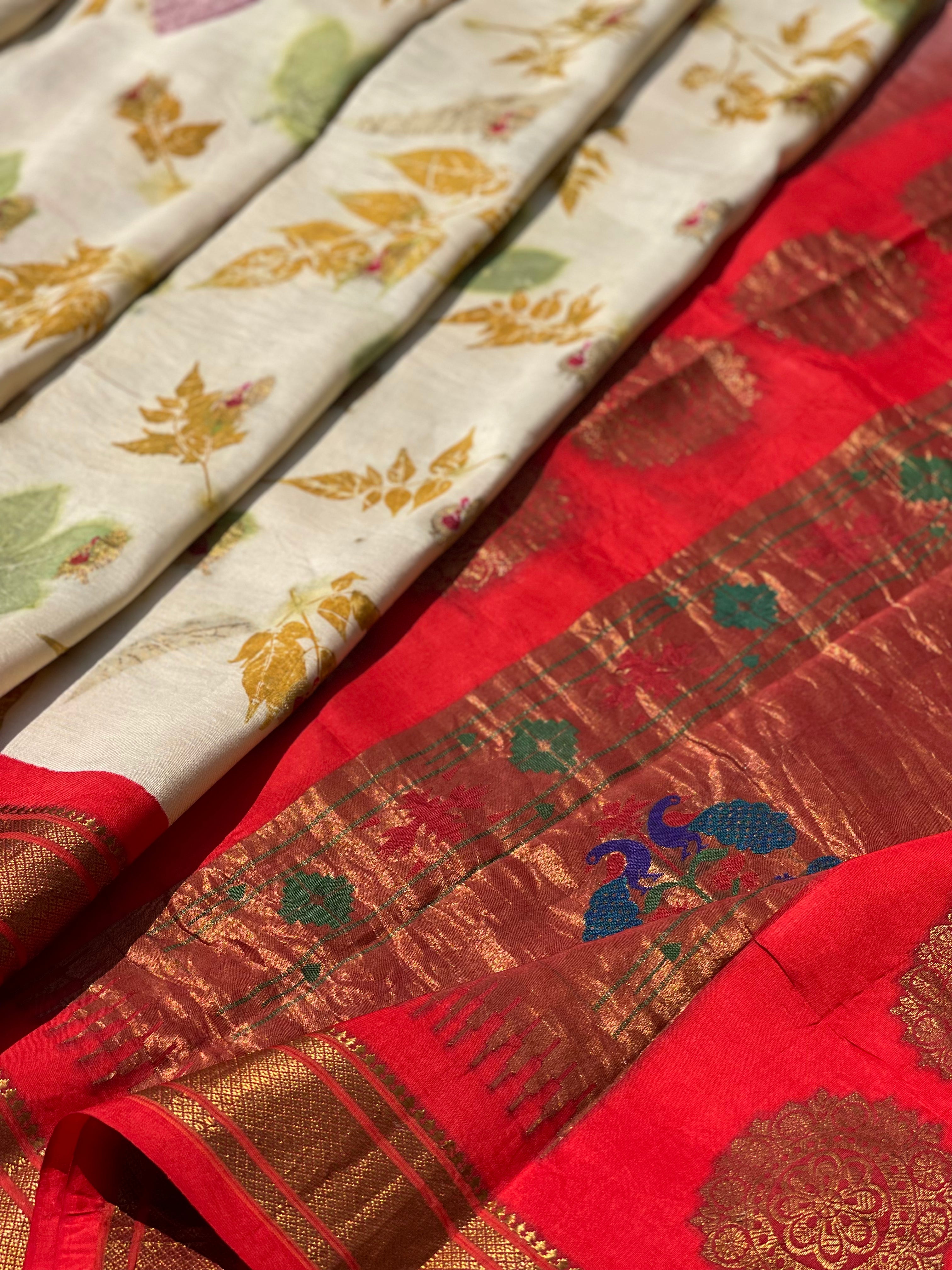 Natural Eco Prints On Meenakari Paithani silk Saree