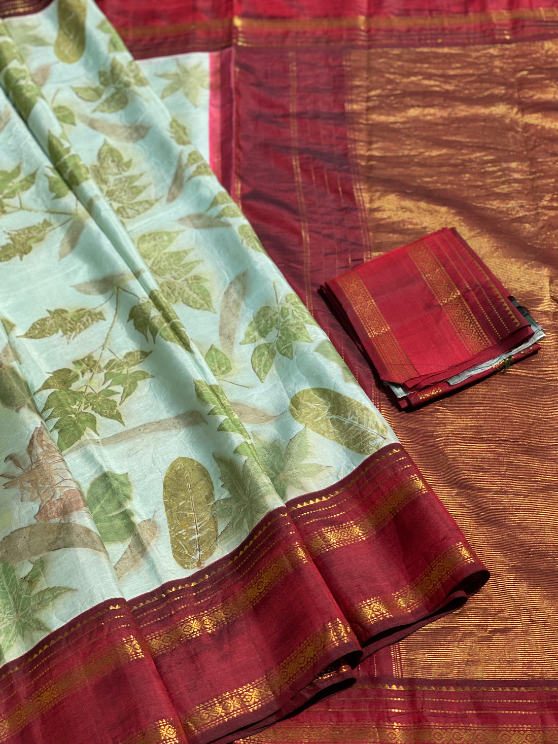 A MintBlue Natural handmade Ecoprints on Korvai Kanchivaram silk saree