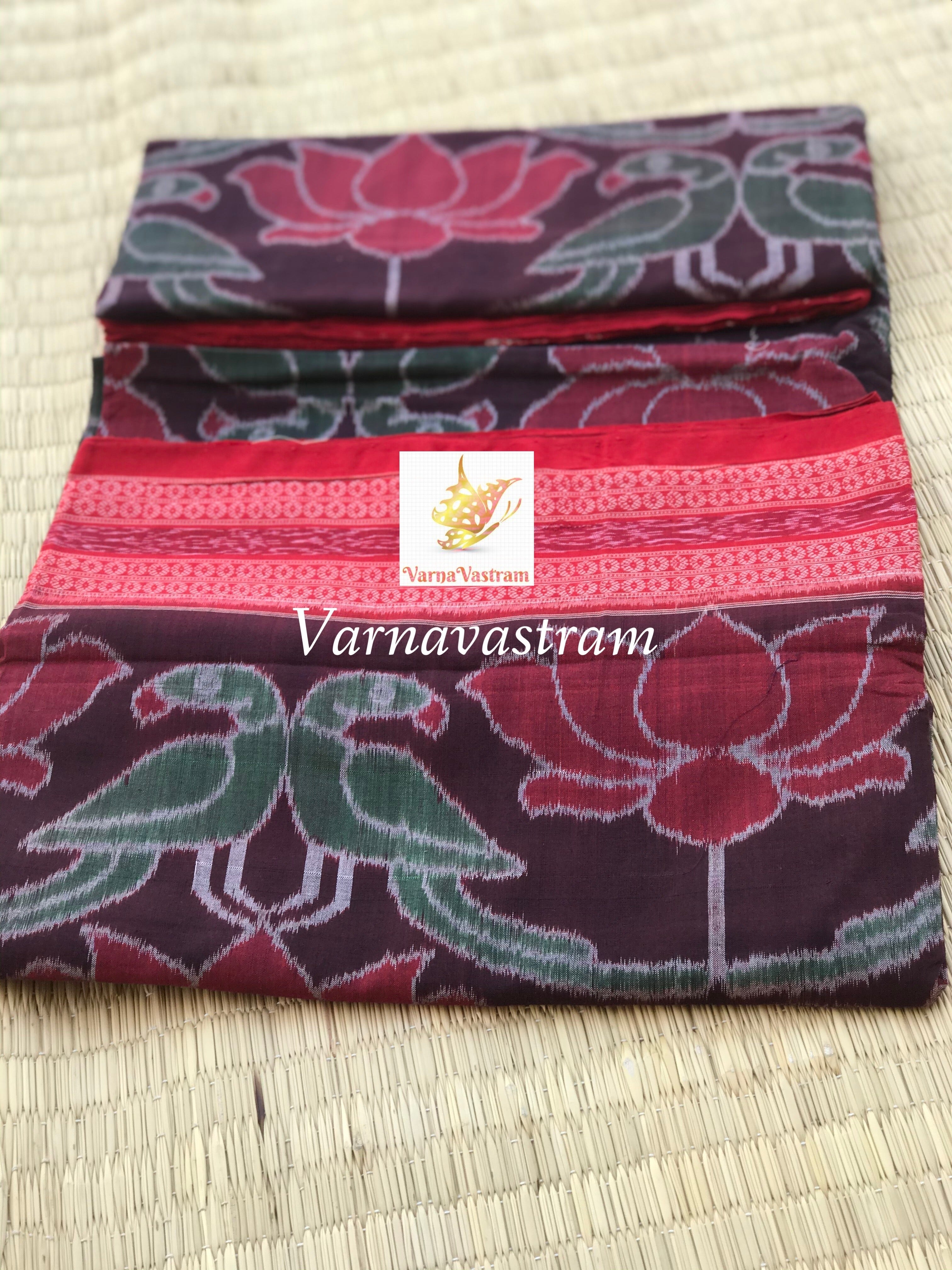 Twin Parrots With Lotus Odisha Ikkat Cotton Saree