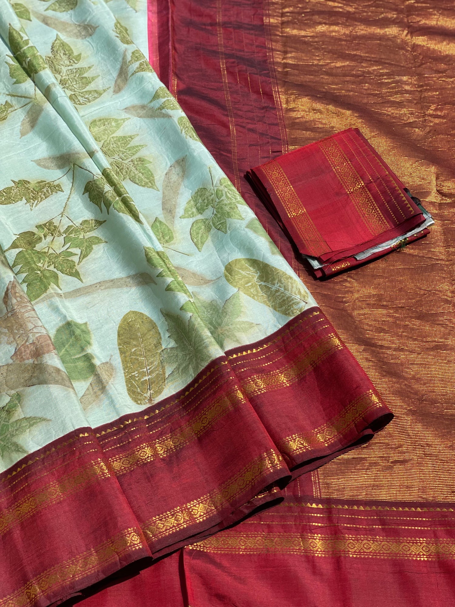 A MintBlue Natural handmade Ecoprints on Korvai Kanchivaram silk saree