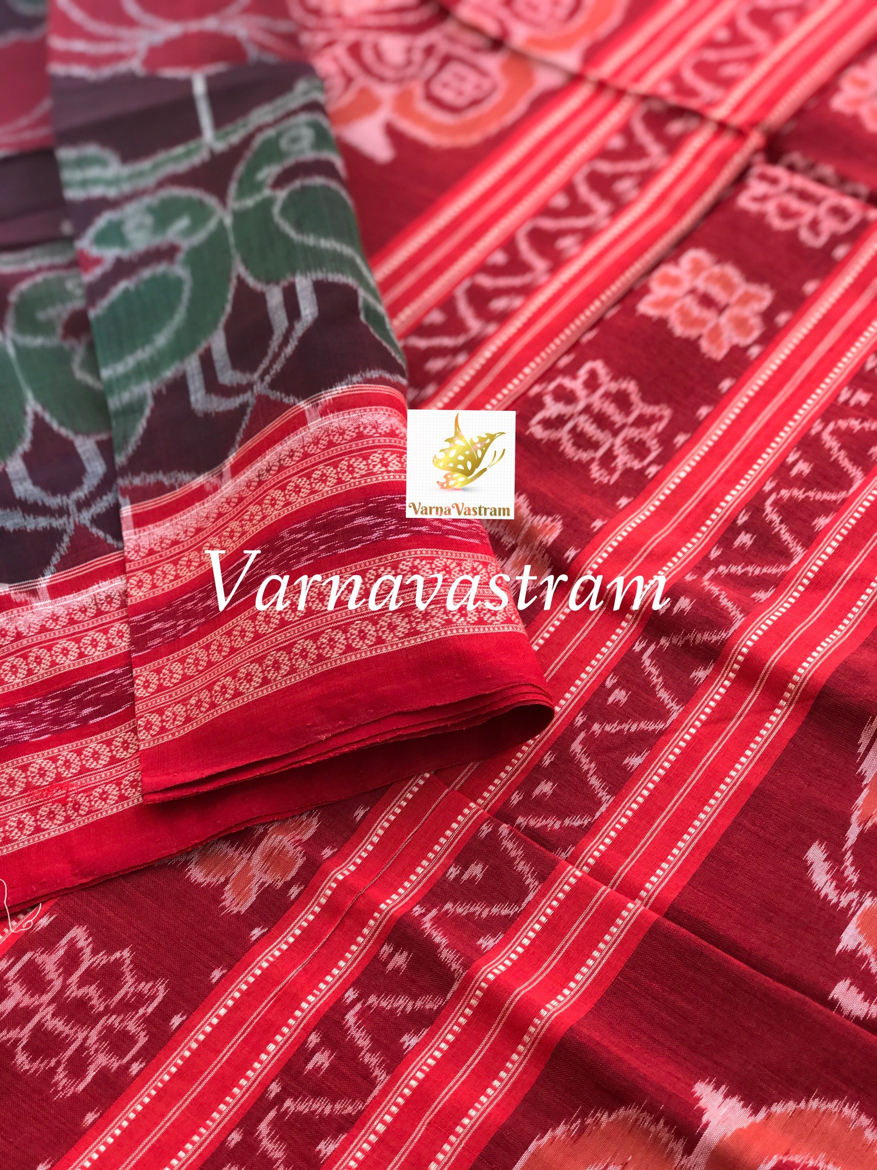 Twin Parrots With Lotus Odisha Ikkat Cotton Saree