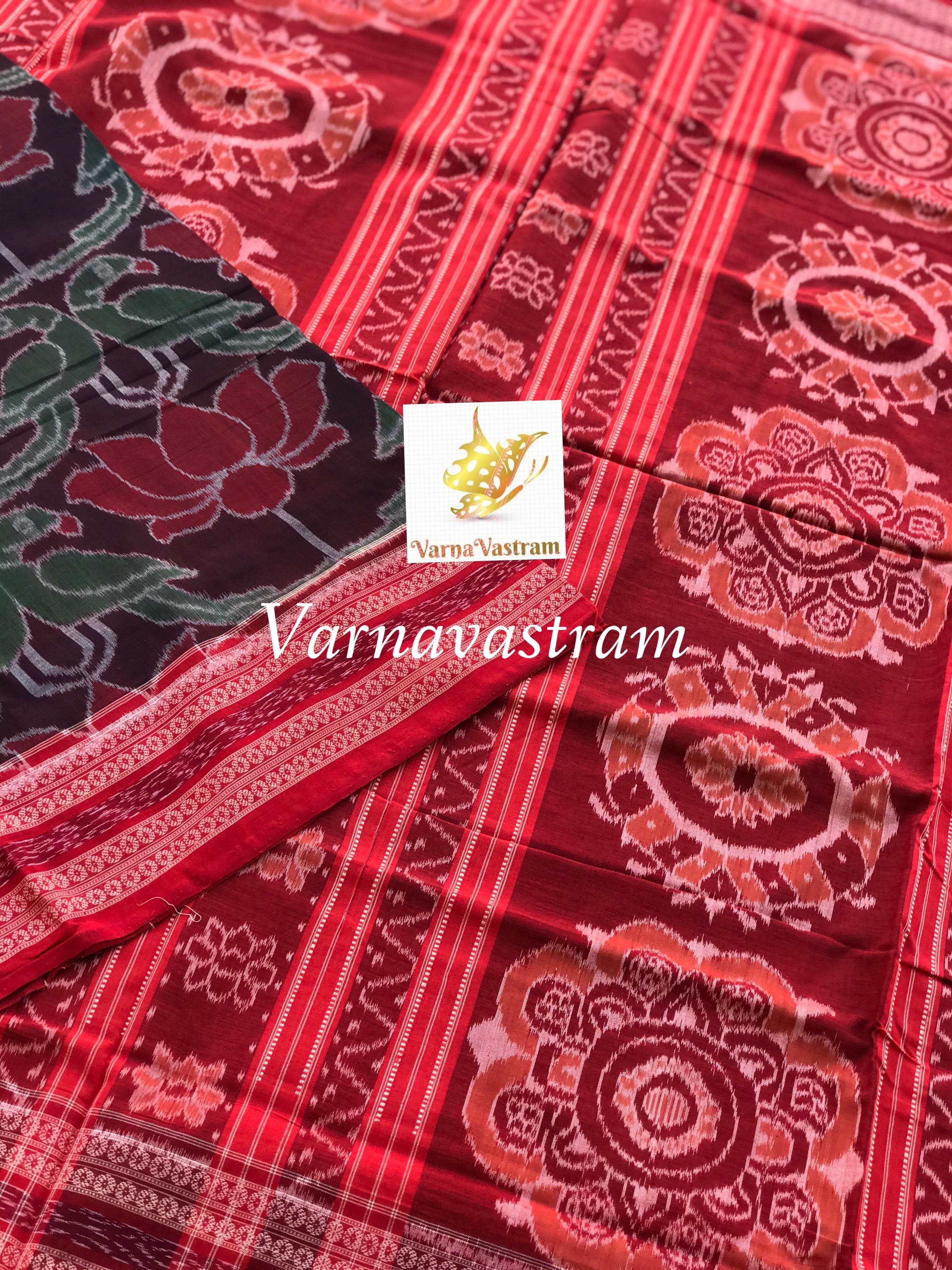 Twin Parrots With Lotus Odisha Ikkat Cotton Saree