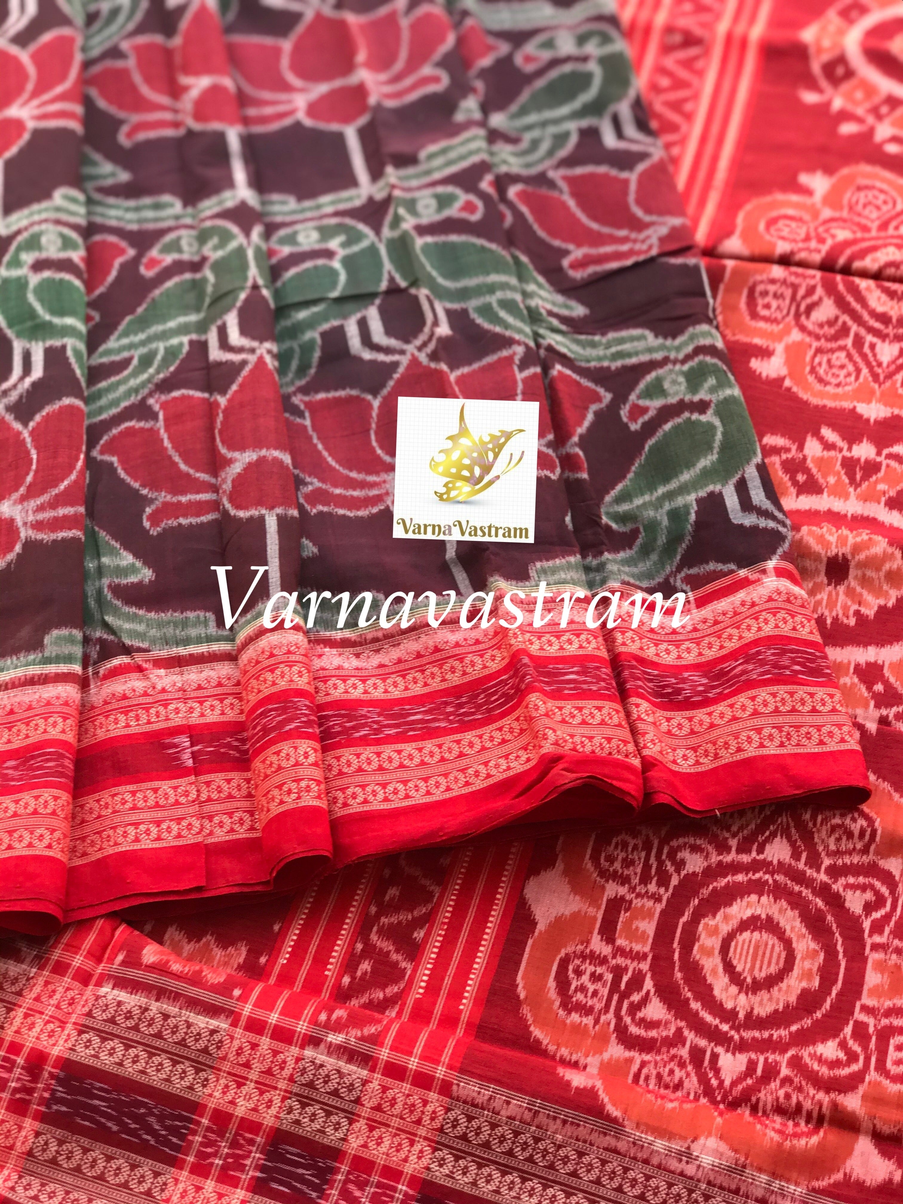 Twin Parrots With Lotus Odisha Ikkat Cotton Saree