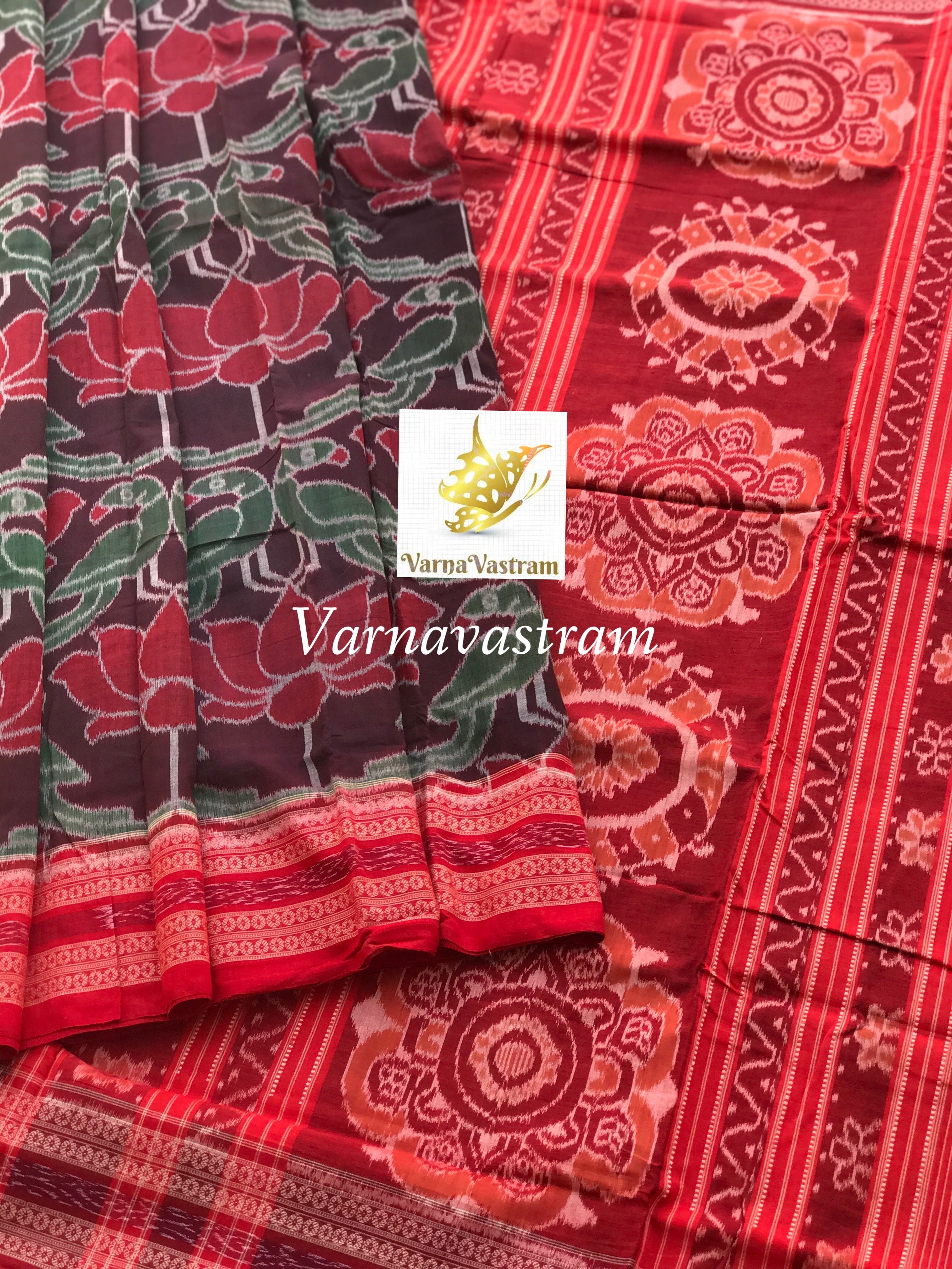 Twin Parrots With Lotus Odisha Ikkat Cotton Saree