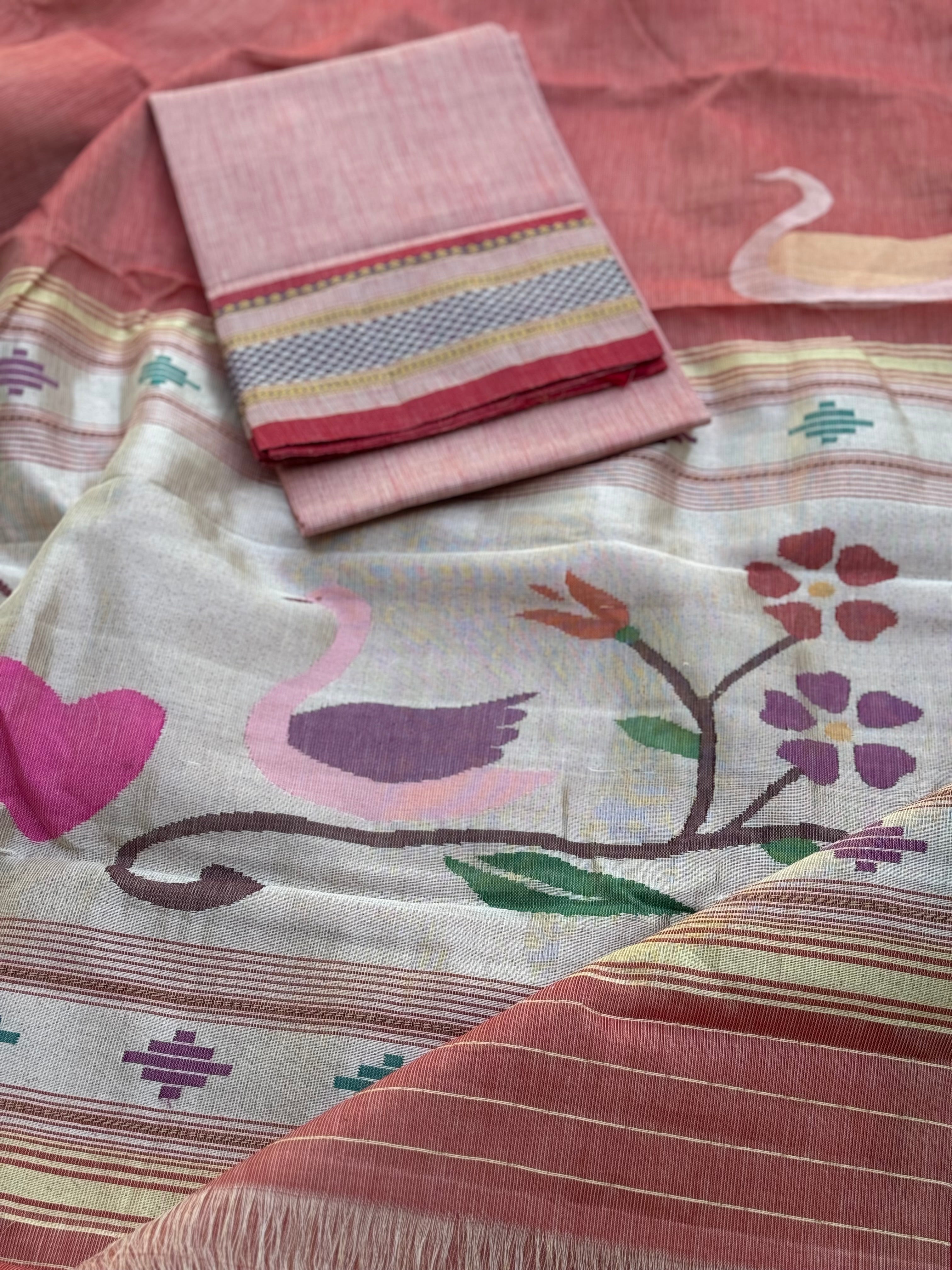 Salmon pink Paithani Cotton Saree With Zaristripes Body Tissue Paithani Pallu kadiyal Border Saree