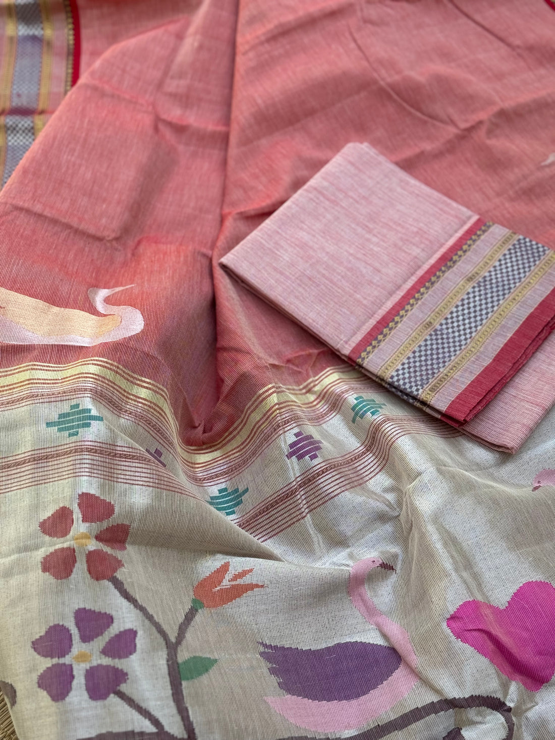 Salmon pink Paithani Cotton Saree With Zaristripes Body Tissue Paithani Pallu kadiyal Border Saree