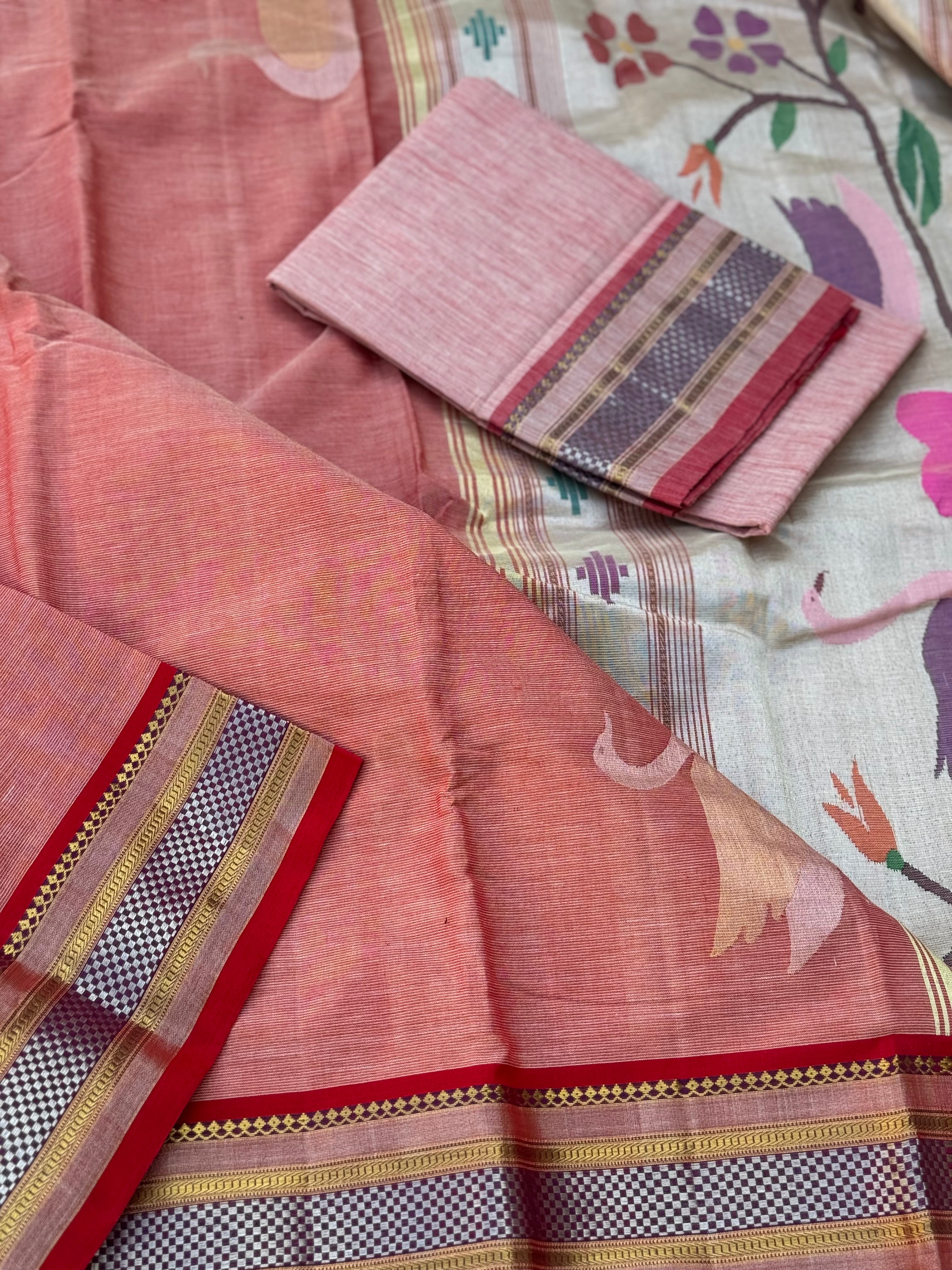Salmon pink Paithani Cotton Saree With Zaristripes Body Tissue Paithani Pallu kadiyal Border Saree