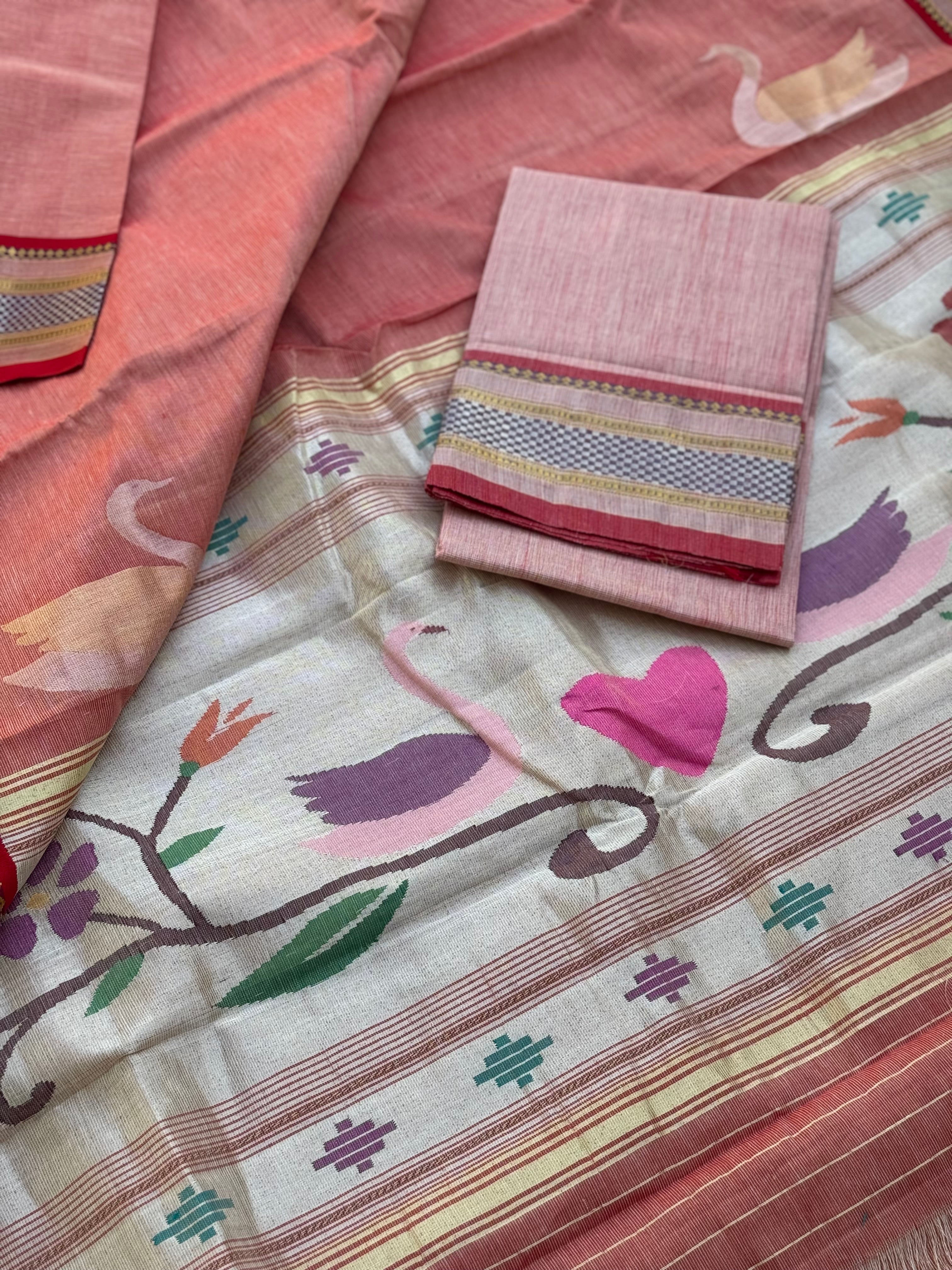 Salmon pink Paithani Cotton Saree With Zaristripes Body Tissue Paithani Pallu kadiyal Border Saree