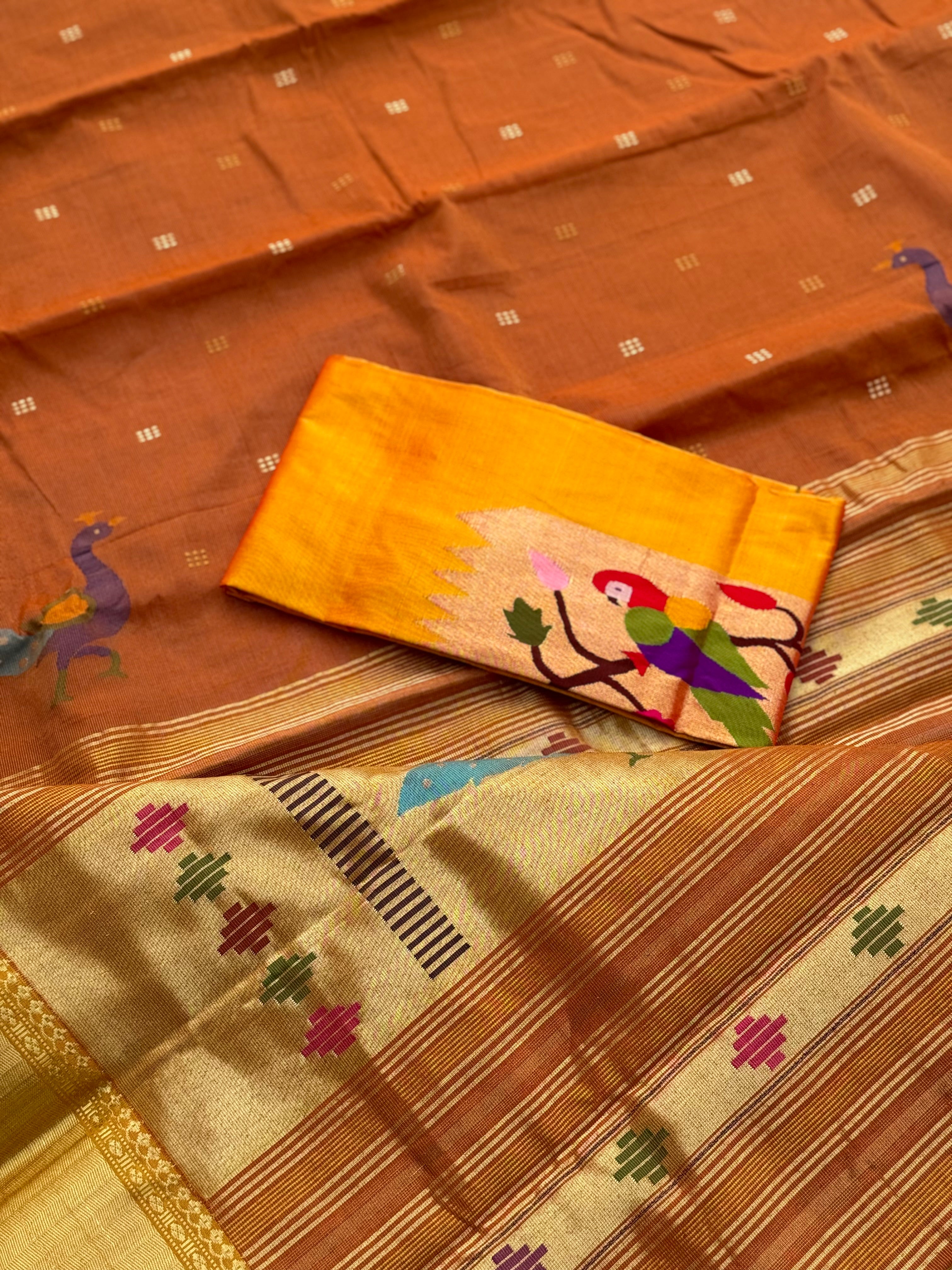 Rust orange with yellow Paithani Cotton Saree With Zaristripes Body Tissue Paithani Pallu kadiyal Border Saree