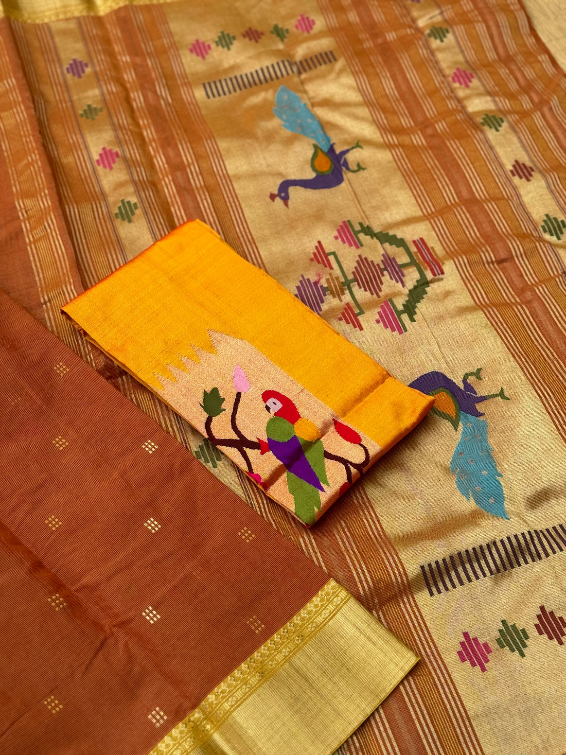 Rust orange with yellow Paithani Cotton Saree With Zaristripes Body Tissue Paithani Pallu kadiyal Border Saree