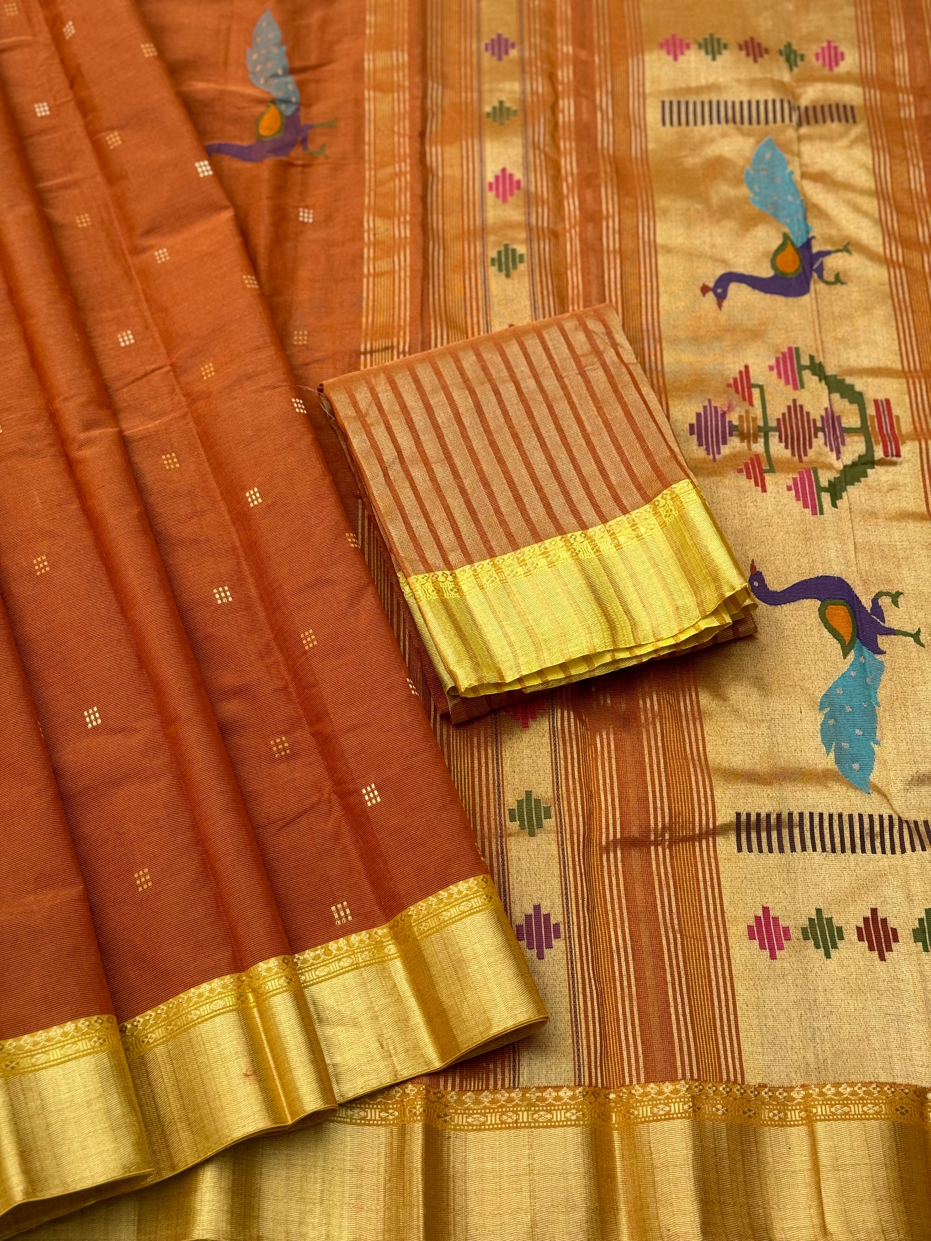 Rust orange with yellow Paithani Cotton Saree With Zaristripes Body Tissue Paithani Pallu kadiyal Border Saree