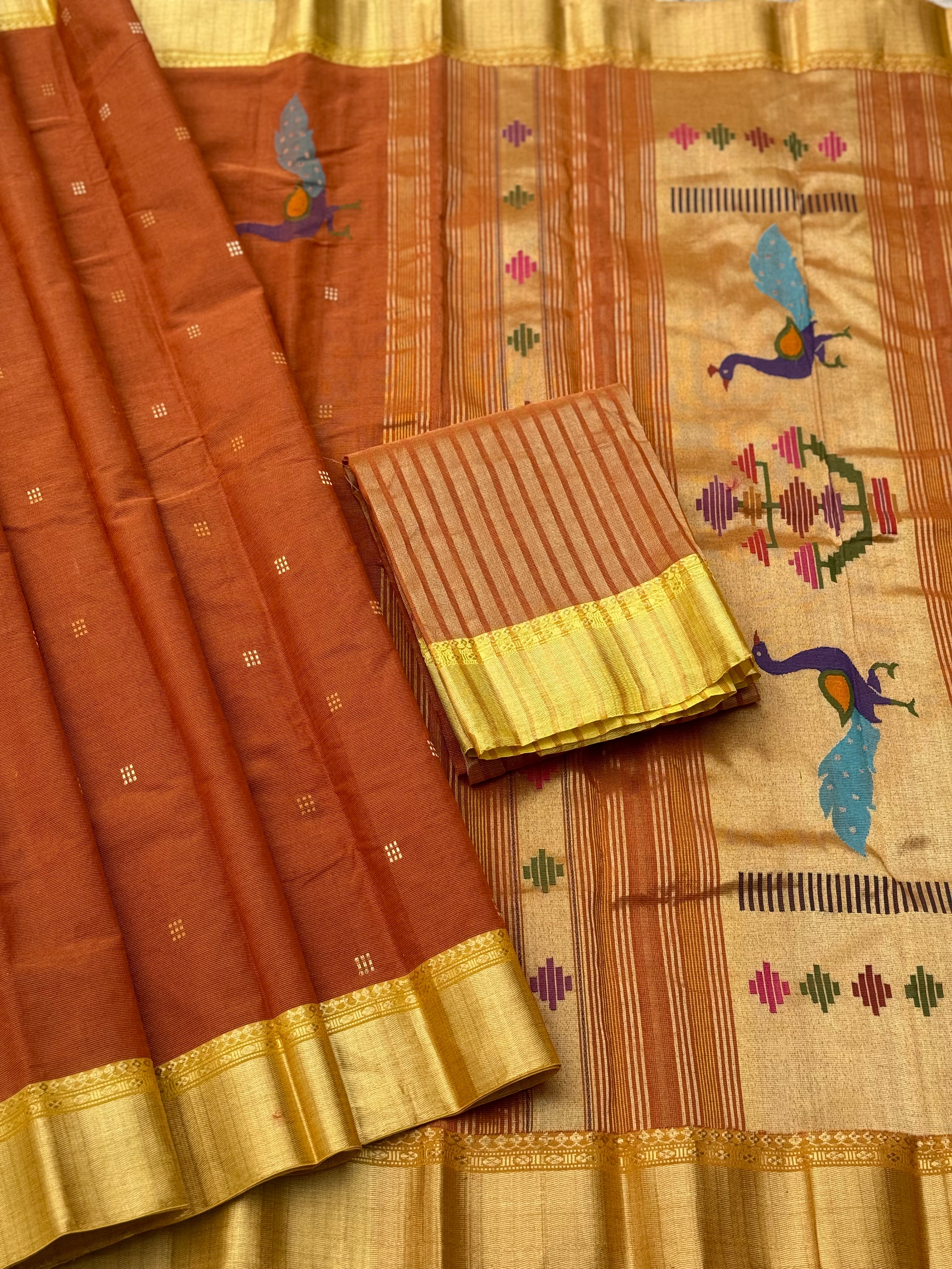 Rust orange with yellow Paithani Cotton Saree With Zaristripes Body Tissue Paithani Pallu kadiyal Border Saree