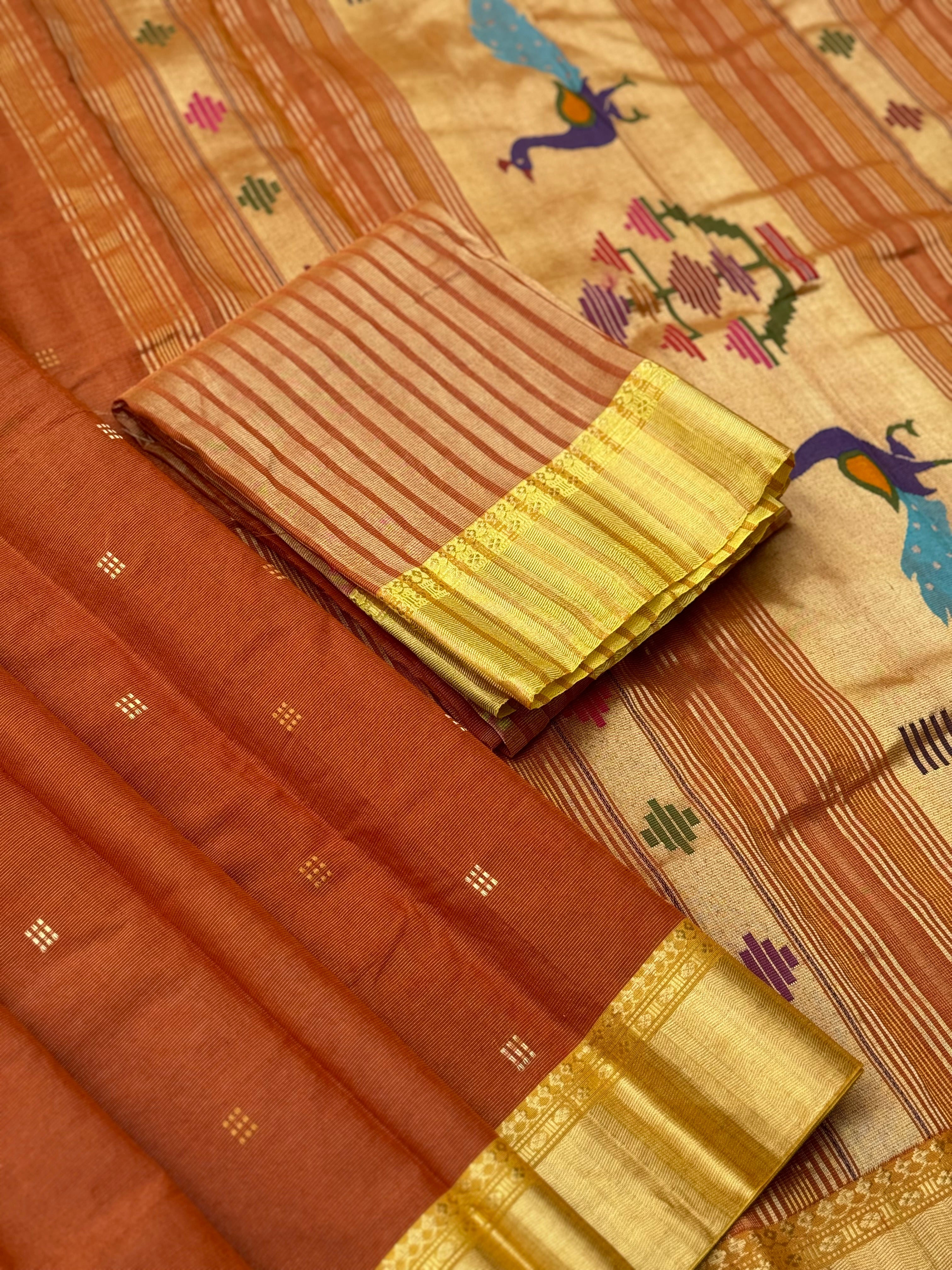 Rust orange with yellow Paithani Cotton Saree With Zaristripes Body Tissue Paithani Pallu kadiyal Border Saree