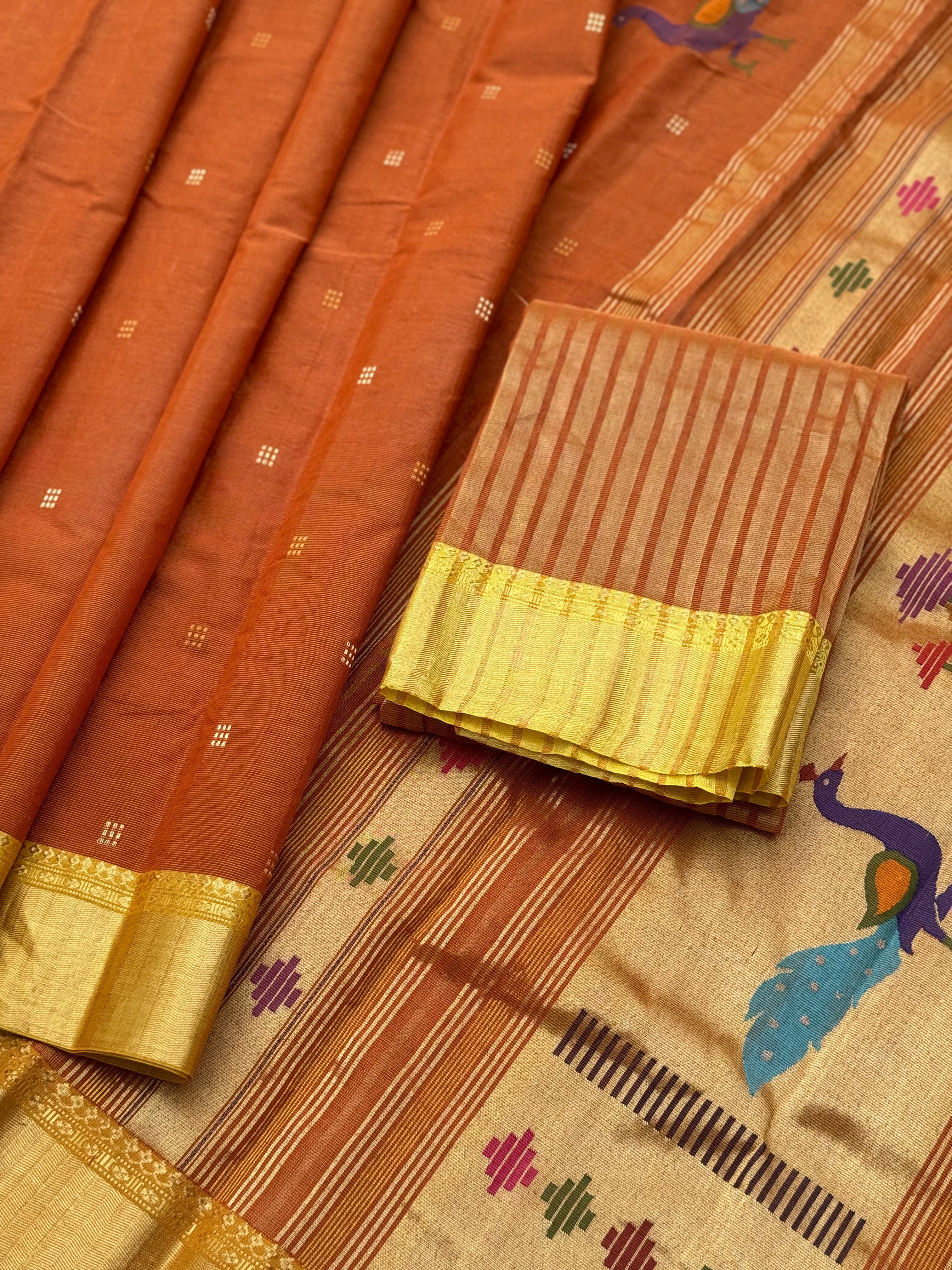 Rust orange with yellow Paithani Cotton Saree With Zaristripes Body Tissue Paithani Pallu kadiyal Border Saree