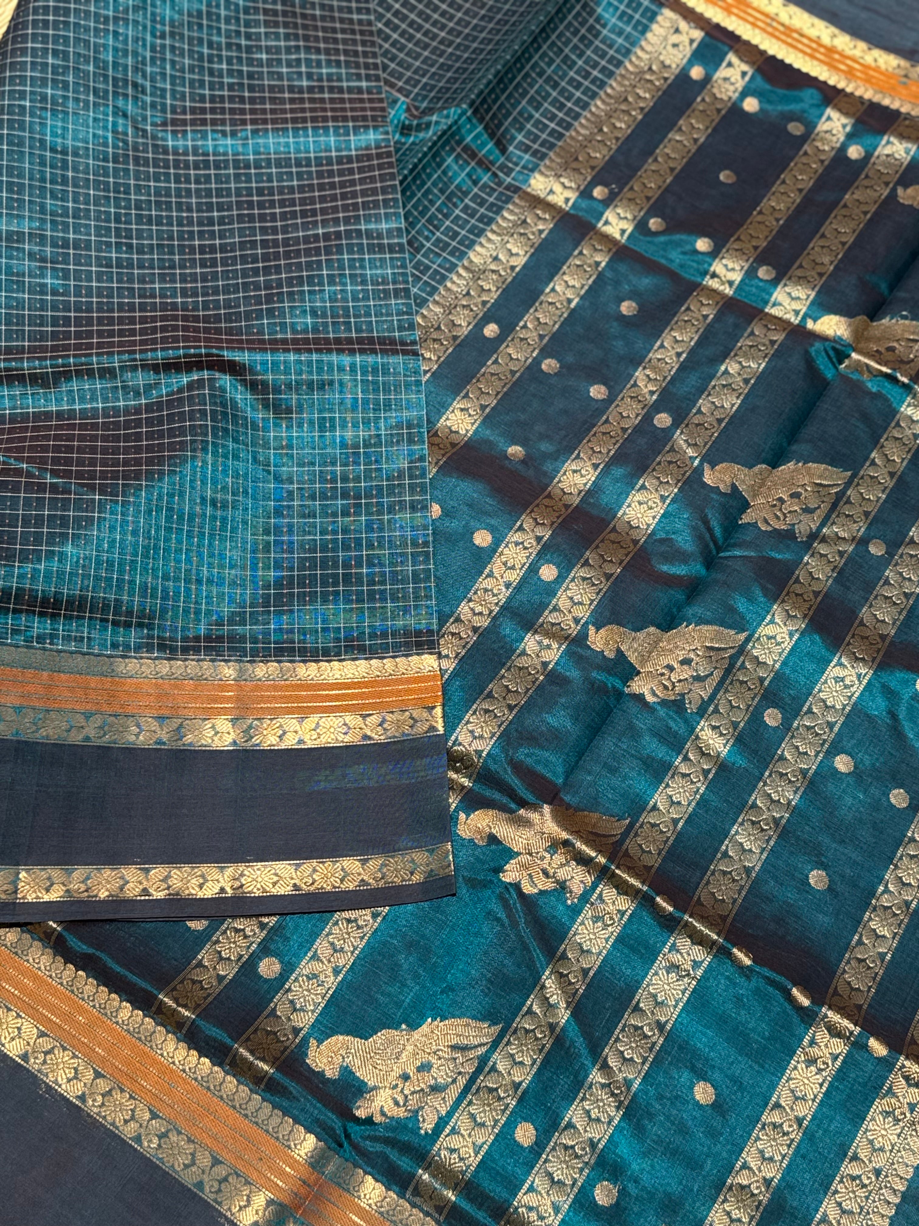Lakshadeepam Kanchi silk cotton saree in teal peacock blue shade zari woven (Copy)