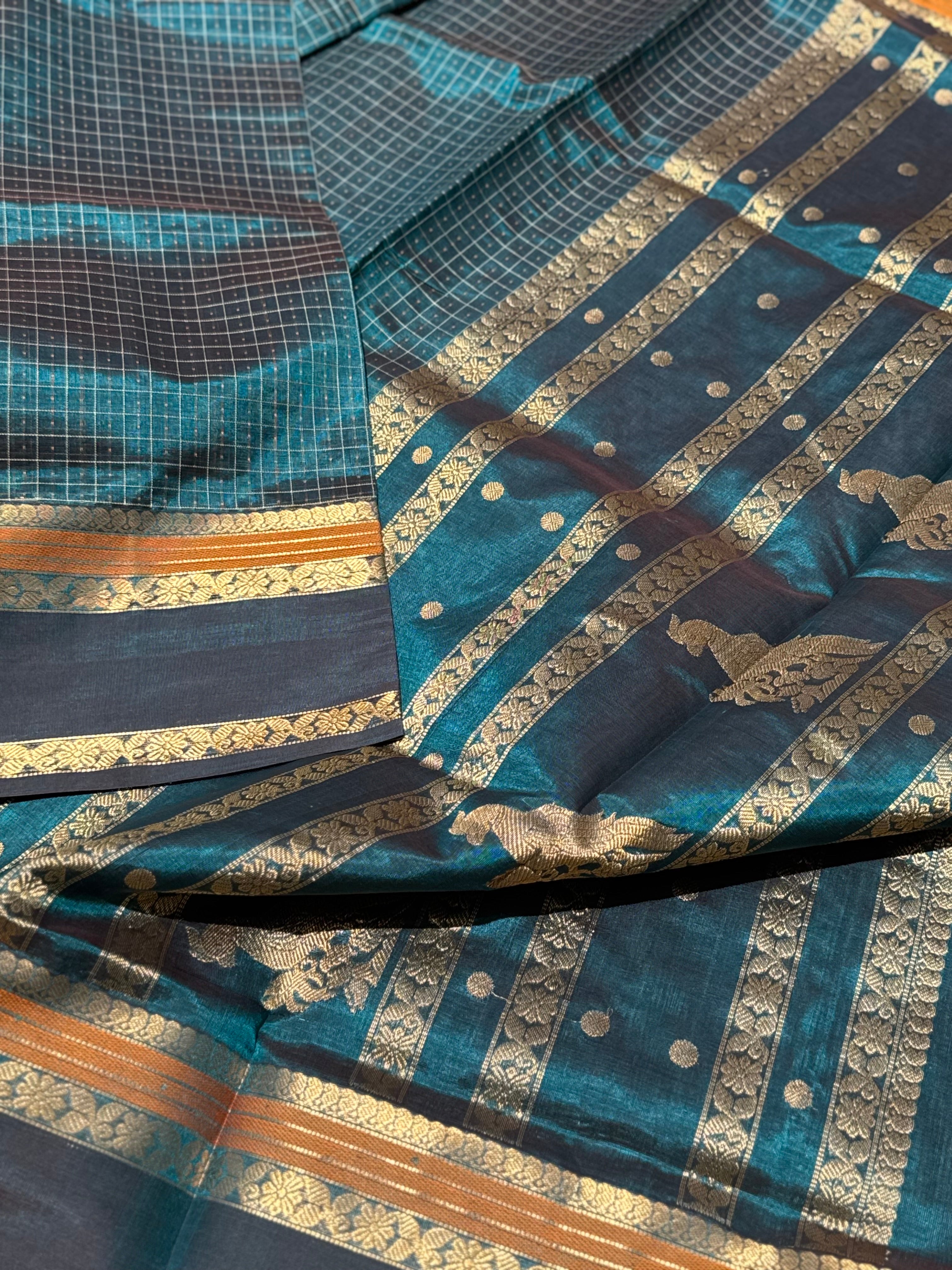 Lakshadeepam Kanchi silk cotton saree in teal peacock blue shade zari woven (Copy)
