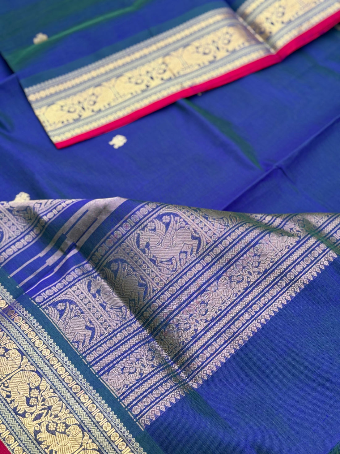 Peacock teal with royal blue Kanchi silk cotton saree with conia buttas