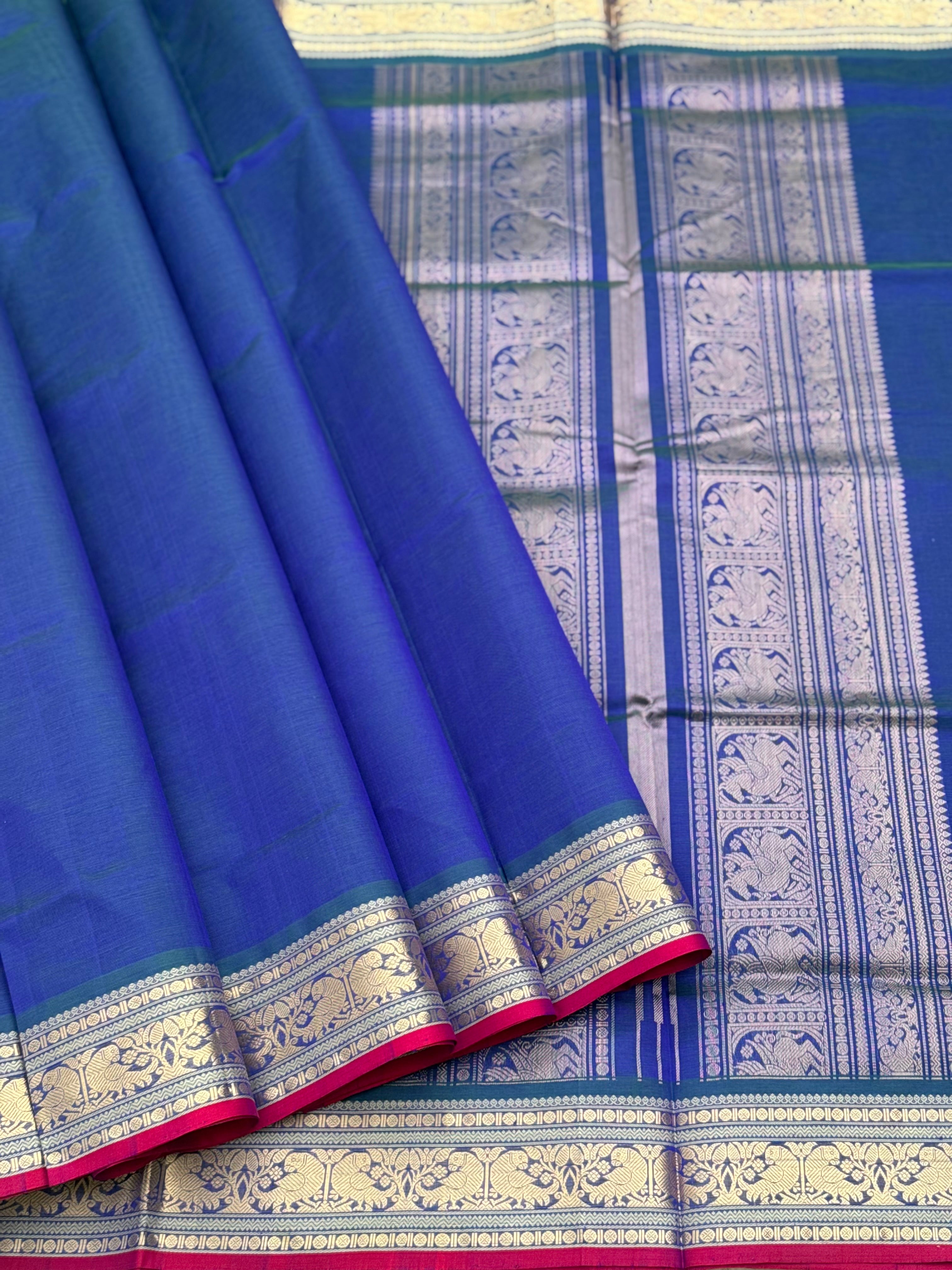 Peacock teal with royal blue Kanchi silk cotton saree with conia buttas